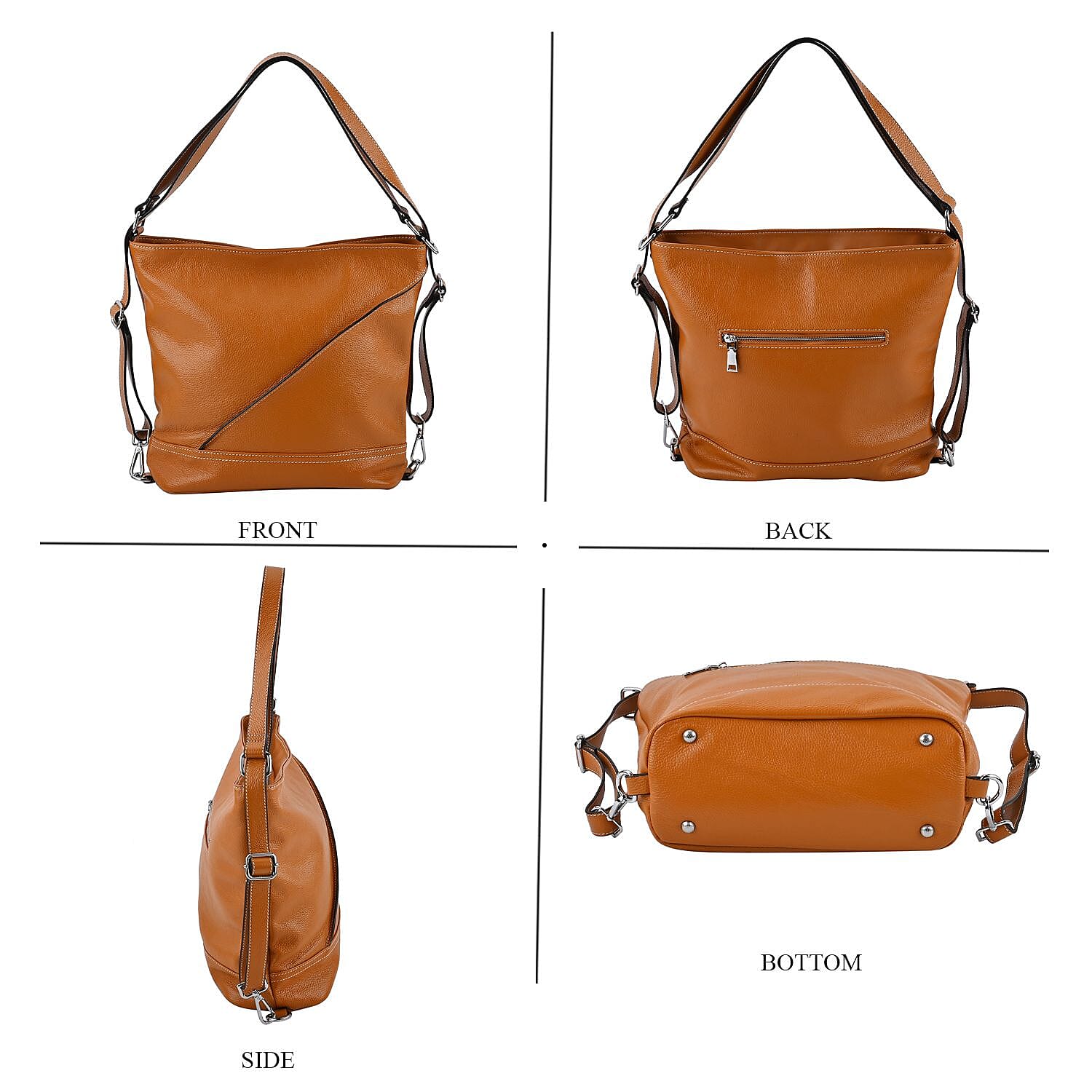 100% Genuine Leather Crossbody Bag with Adjustable Strap - Tan