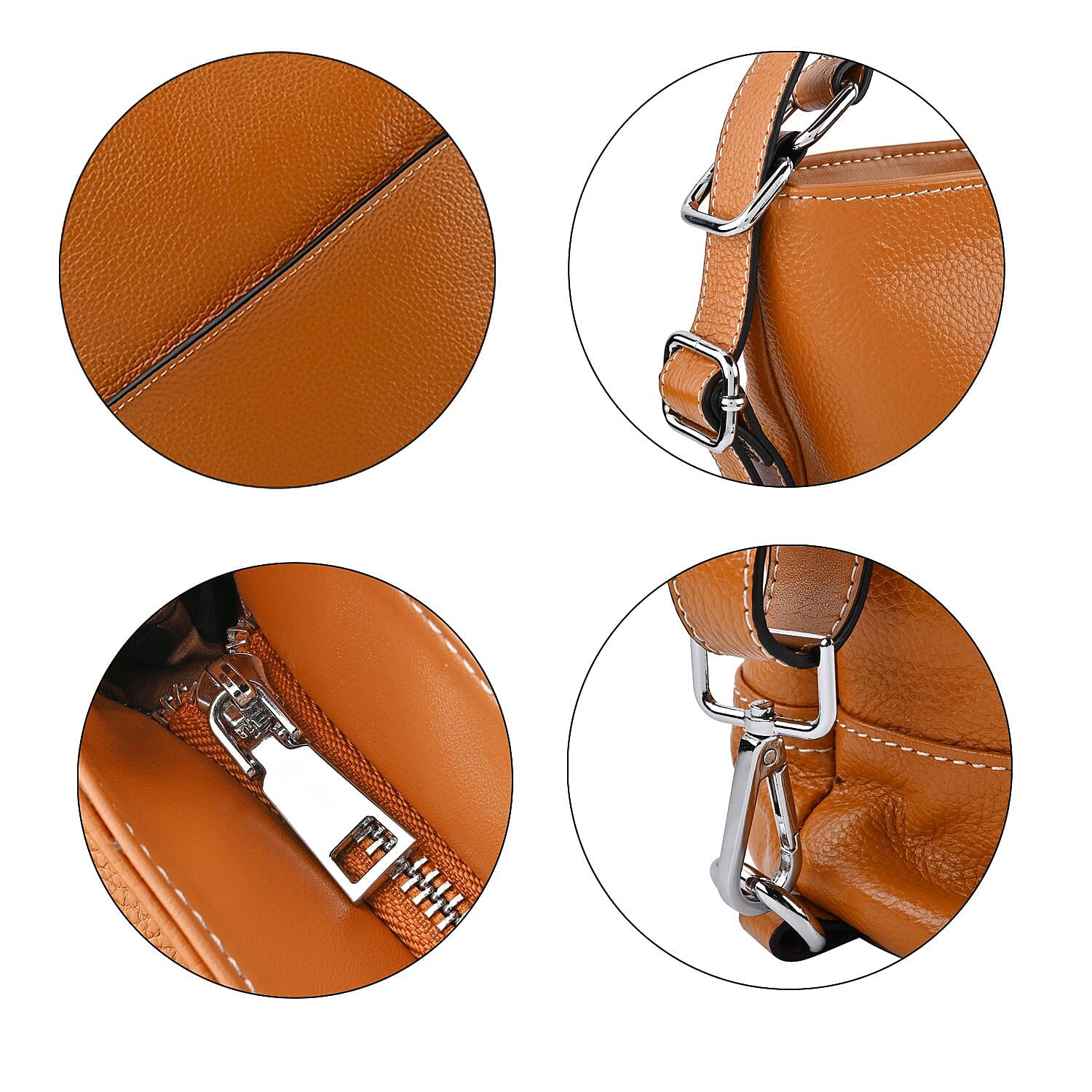 100% Genuine Leather Crossbody Bag with Adjustable Strap - Tan