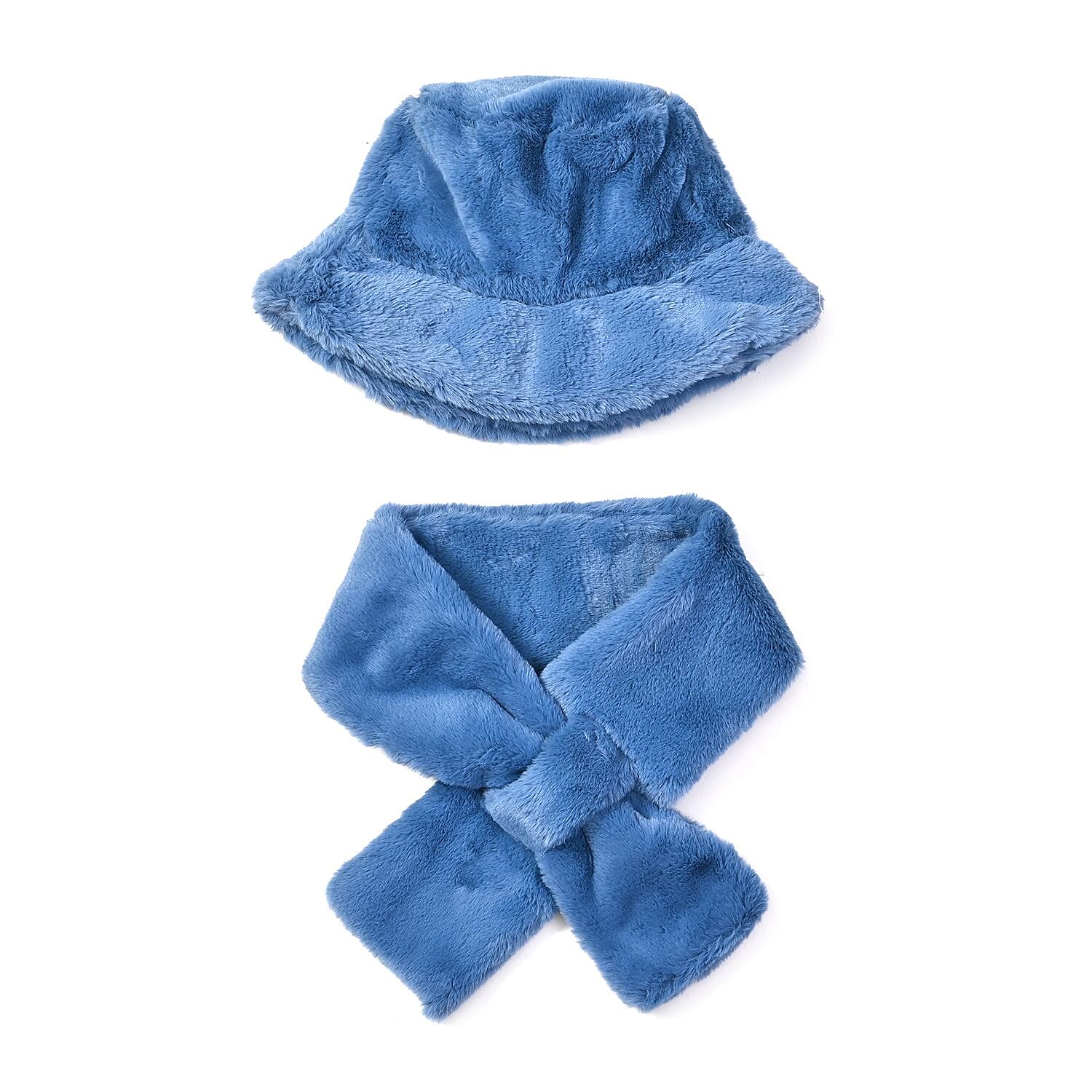 2 Piece Set - Faux Fur Hat and Scarf - Blue