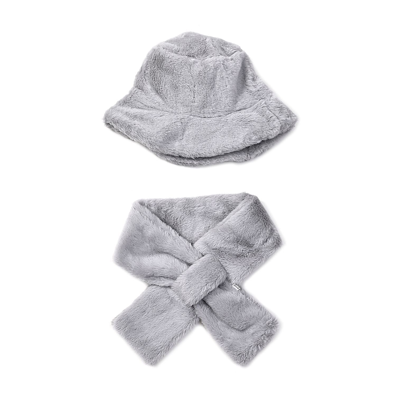 2 Piece Set - Faux Fur Hat and Scarf - Light Grey