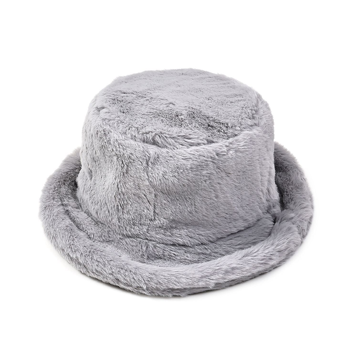 2 Piece Set - Faux Fur Hat and Scarf - Light Grey