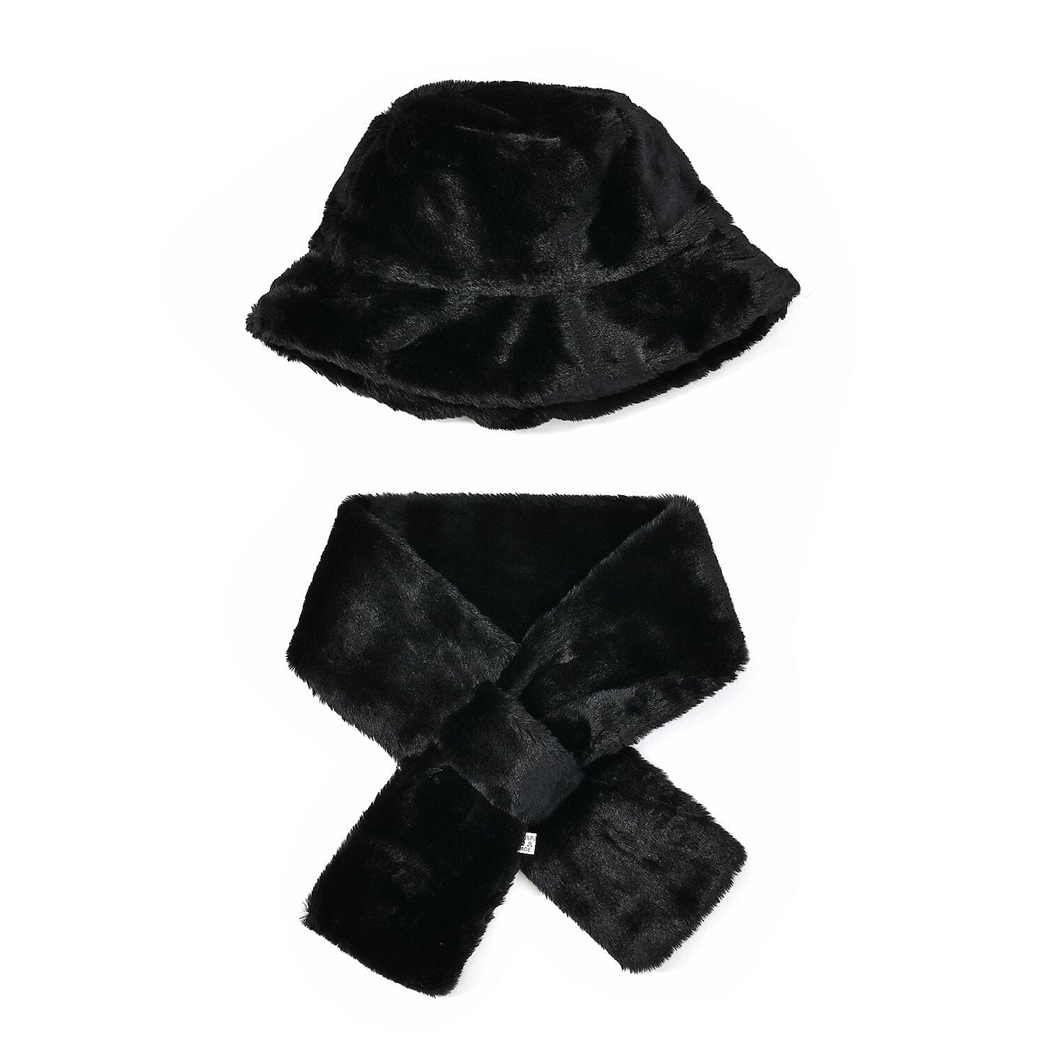 2 Piece Set - Faux Fur Hat and Scarf - Black