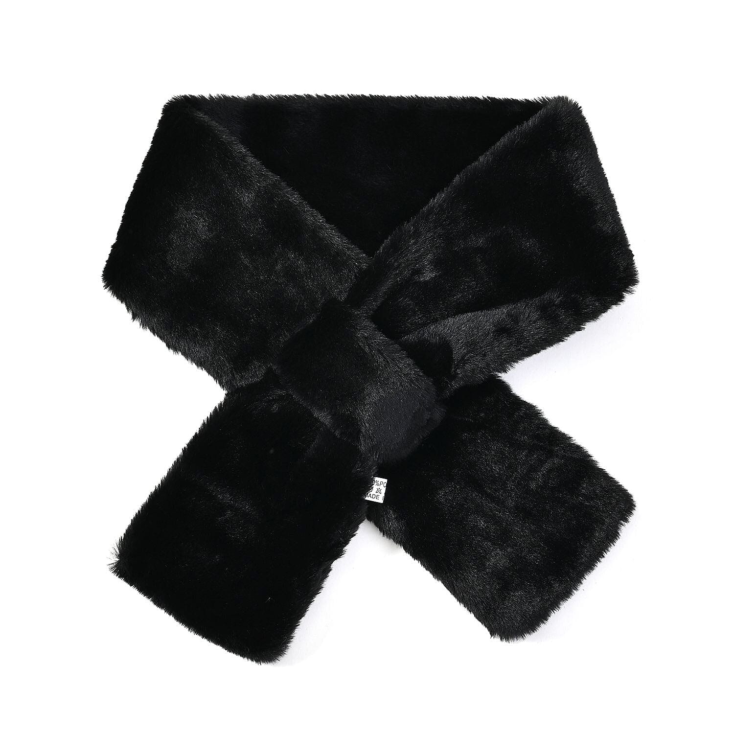 2 Piece Set - Faux Fur Hat and Scarf - Black