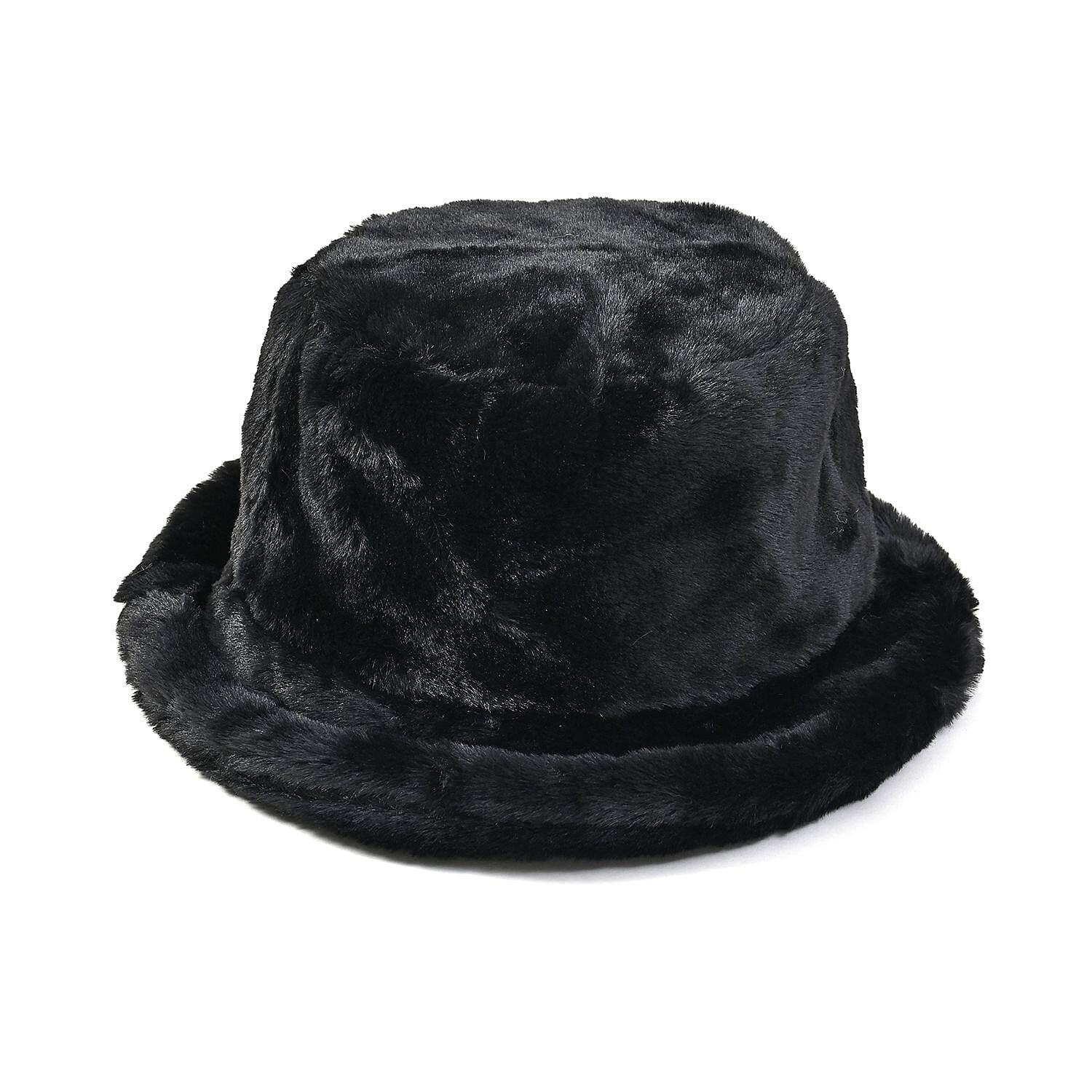 2 Piece Set - Faux Fur Hat and Scarf - Black