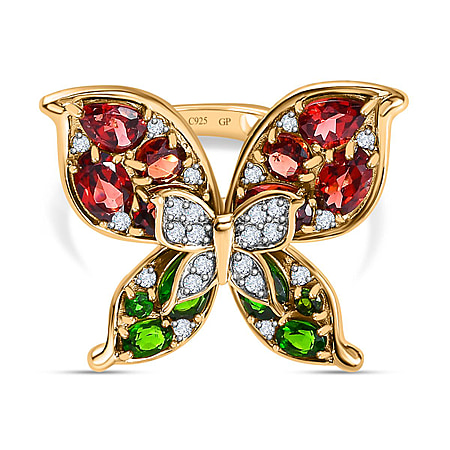 GP Italian Garden Collection - Red Garnet, Natural Chrome Diopside, Natural Zircon Ring in 18K Vermeil Yellow Gold Plated Sterling Silver 6.00 Ct, Silver Wt. 6.89 Gms