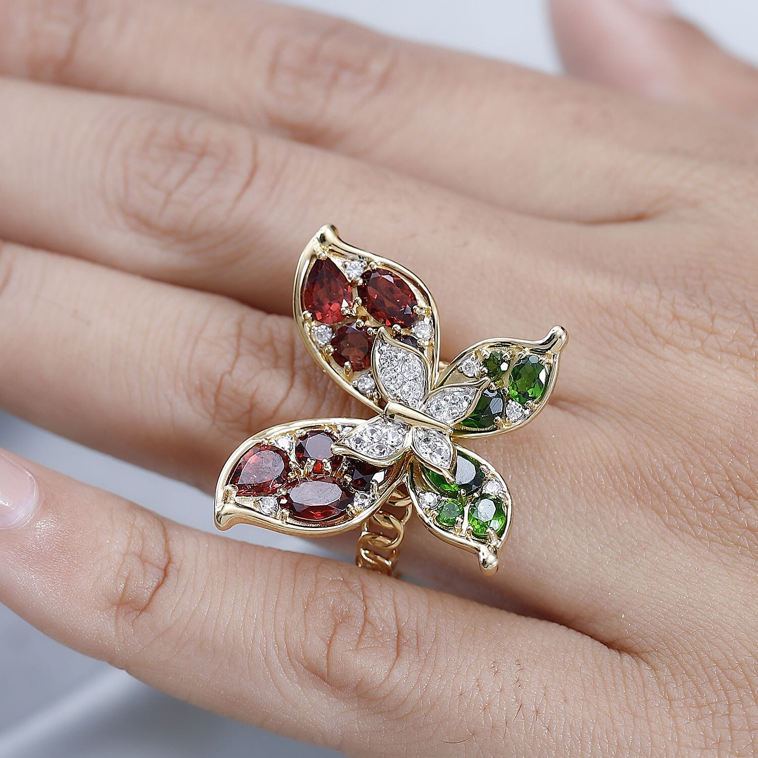 GP Italian Garden Collection - Red Garnet, Natural Chrome Diopside, Natural Zircon Ring in 18K Vermeil Yellow Gold Plated Sterling Silver 6.00 Ct, Silver Wt. 6.89 Gms