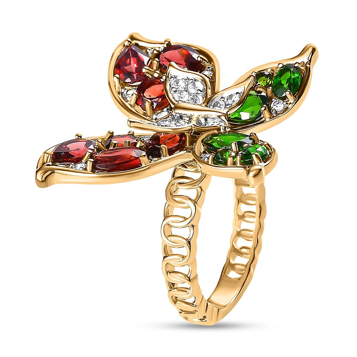GP Italian Garden Collection - Red Garnet, Natural Chrome Diopside, Natural Zircon Ring in 18K Vermeil Yellow Gold Plated Sterling Silver 6.00 Ct, Silver Wt. 6.89 Gms