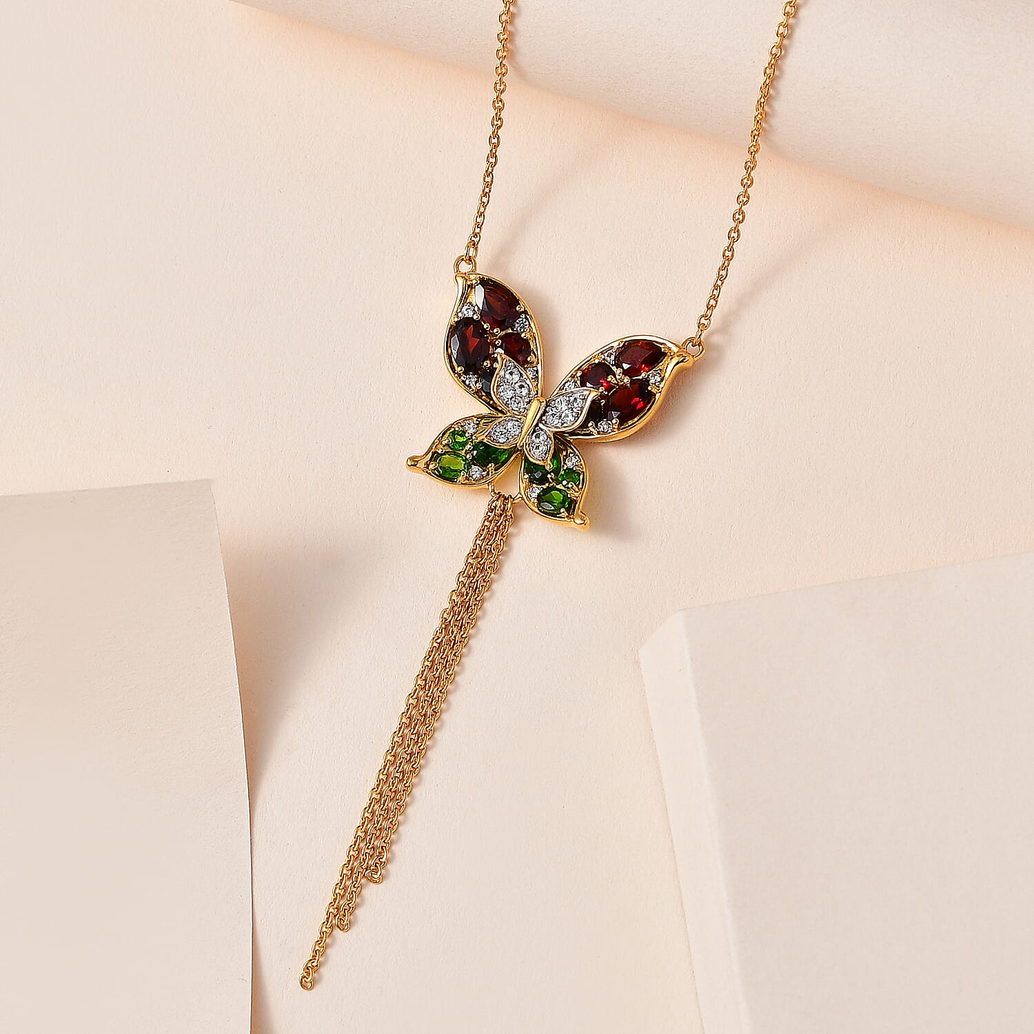 GP Italian Garden Collection - Red Garnet, Natural Chrome Diopside & Natural Zircon Necklace (Size 20) in 18K Vermeil YG Plated Sterling Silver 6.01 Ct, Silver Wt. 9.11 Gms