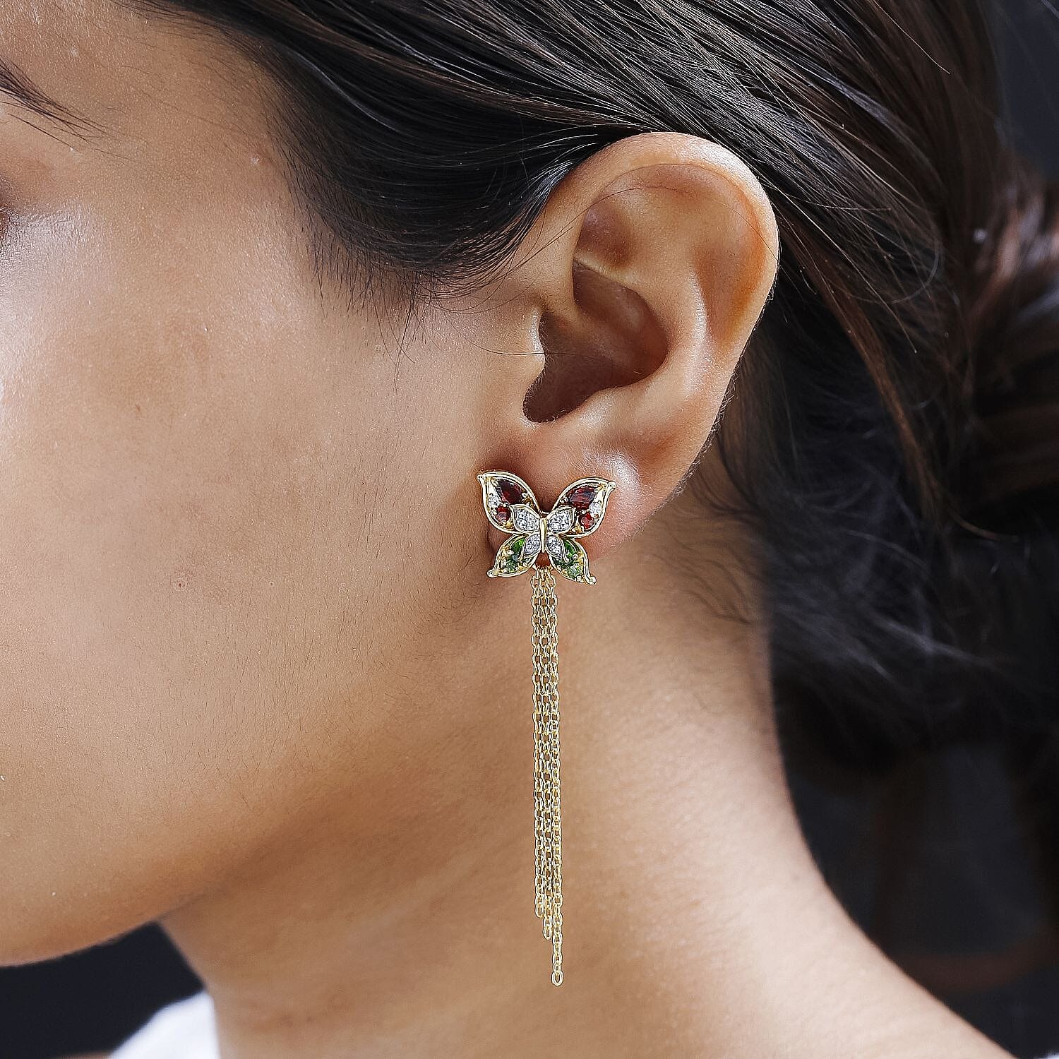 GP Italian Garden Collection - Red Garnet, Natural Chrome Diopside & Natural Zircon Earrings in 18K Vermeil Yellow Gold Plated Sterling Silver 3.32 Ct, Silver Wt. 7.07 Gms