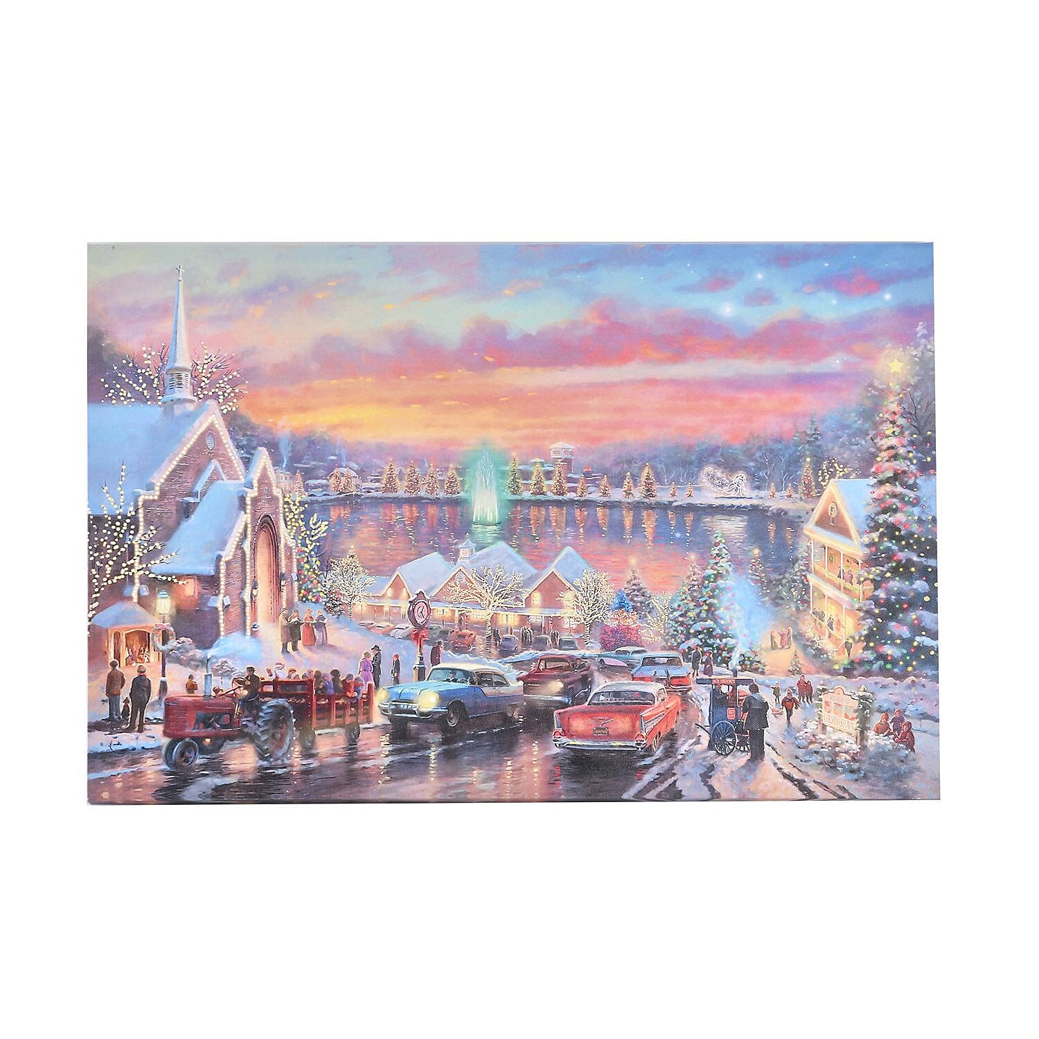 Light up Canvas Lake Side City Village Scene - Requires 2xAA Battery (Not Inc.)  60cm x 40cm