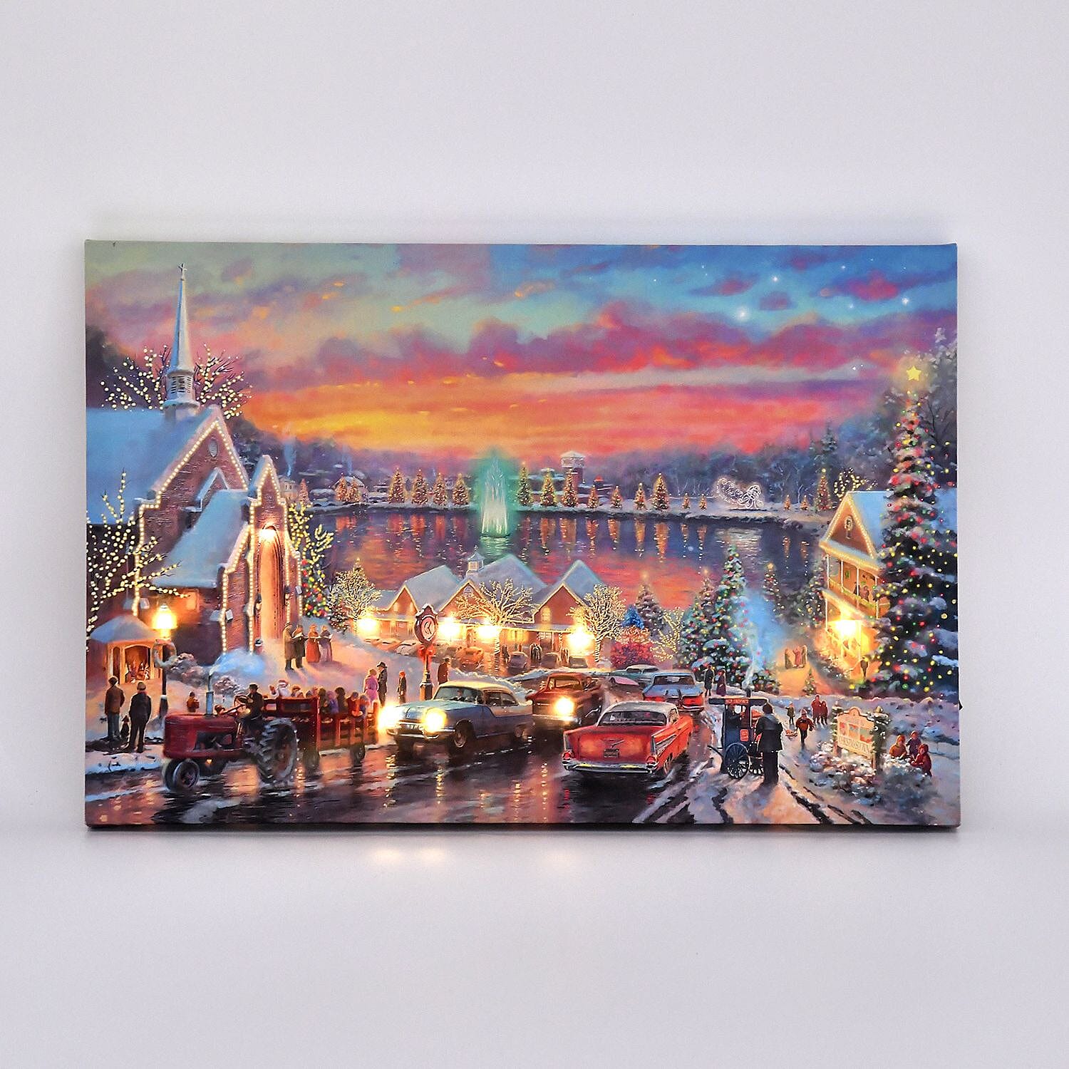 Light up Canvas Lake Side City Village Scene - Requires 2xAA Battery (Not Inc.)  60cm x 40cm