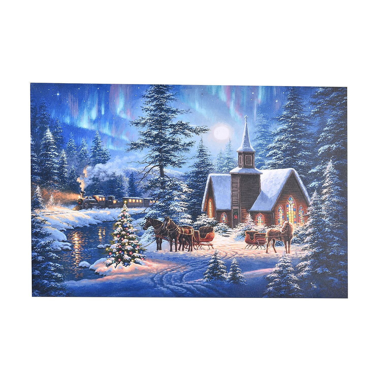 Light up Canvas Wall Decor Printing Snow Covered Trees with a House & Horse Cart Scene 2xAA Battery (Not Inc.) - Night