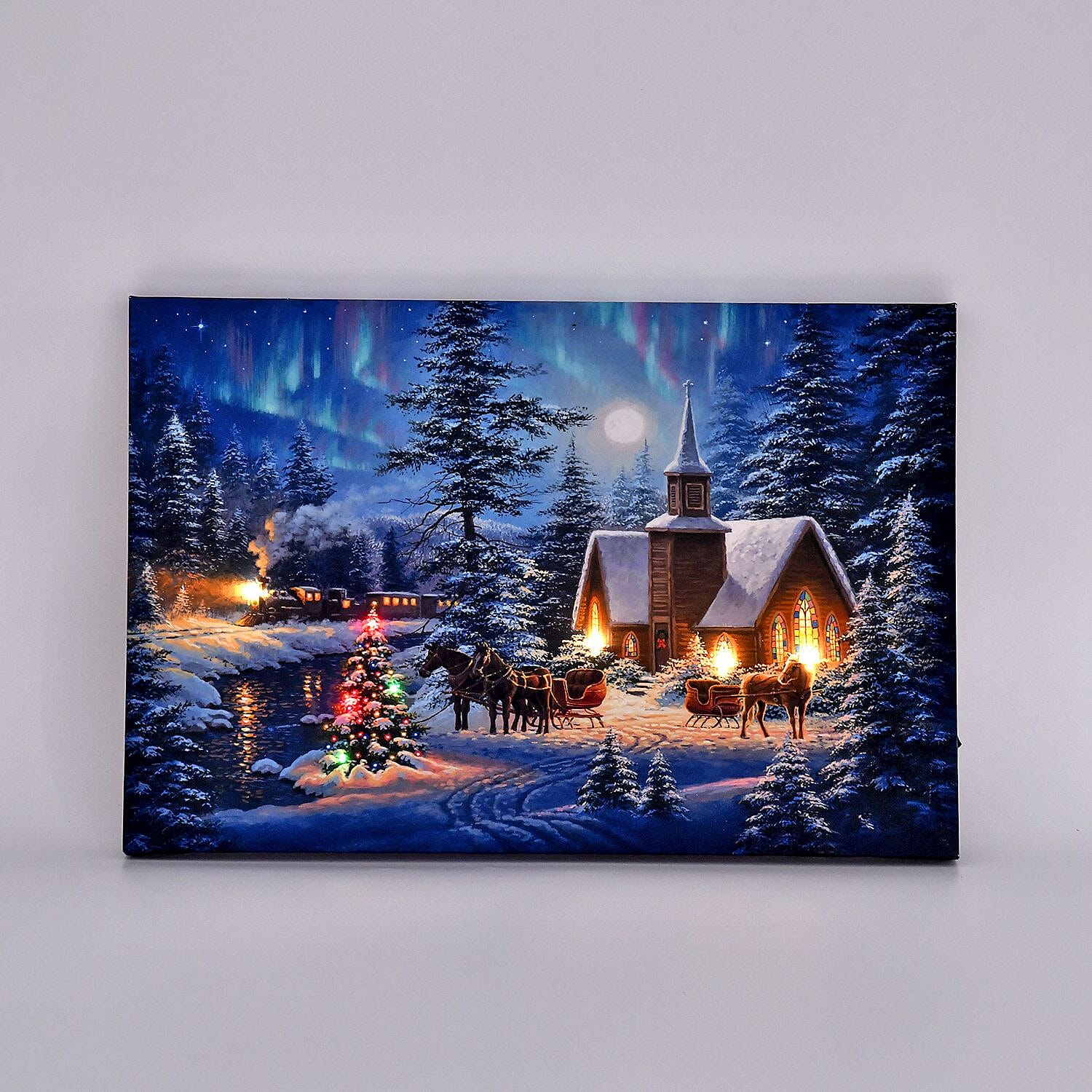 Light up Canvas Wall Decor Printing Snow Covered Trees with a House & Horse Cart Scene 2xAA Battery (Not Inc.) - Night