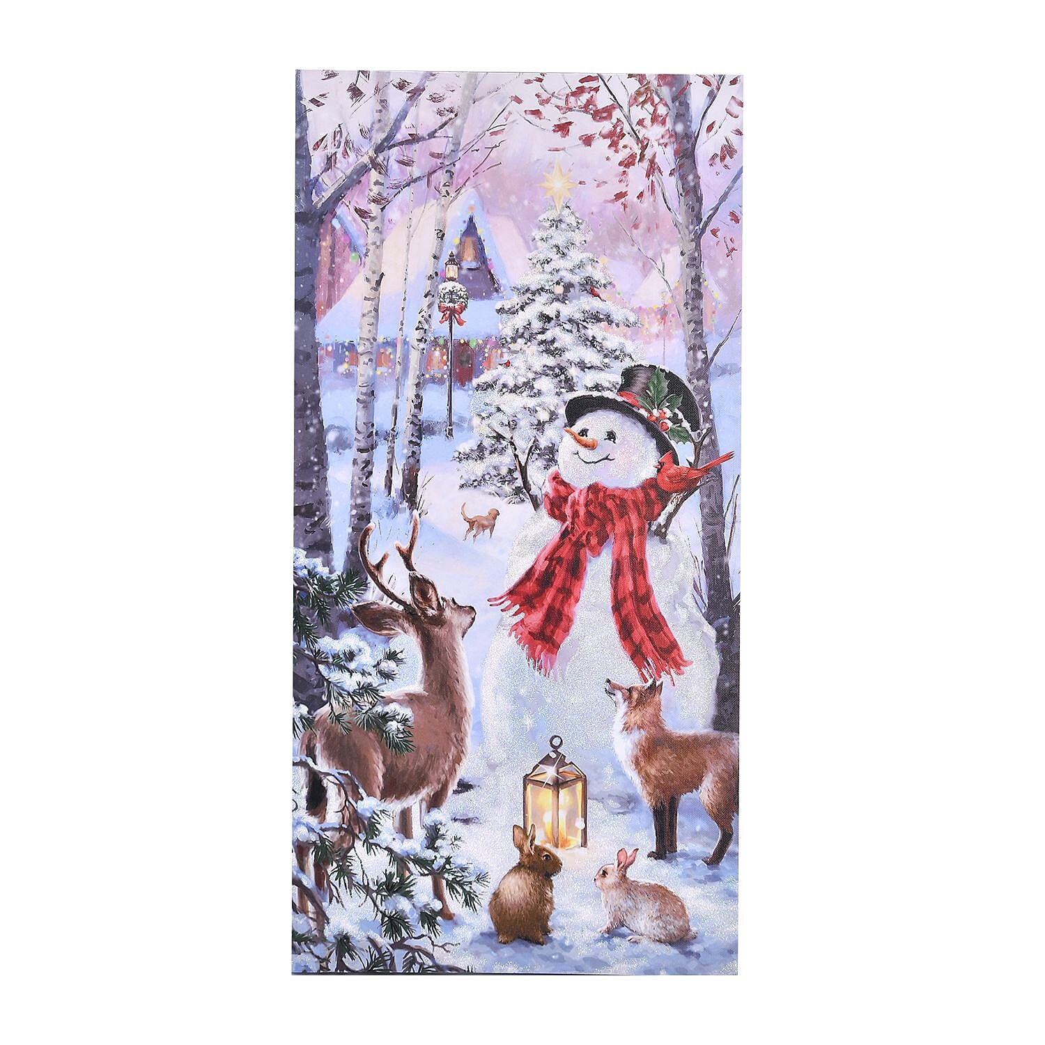 Energy Efficient LED Lighted Canvas  Wall Decor Printing Snowman & Deers Scene 2xAA Battery (Not Inc.)