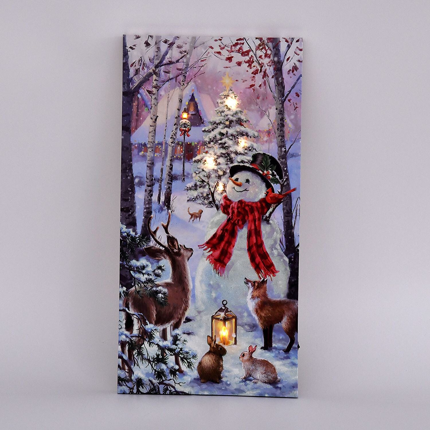 Energy Efficient LED Lighted Canvas  Wall Decor Printing Snowman & Deers Scene 2xAA Battery (Not Inc.)