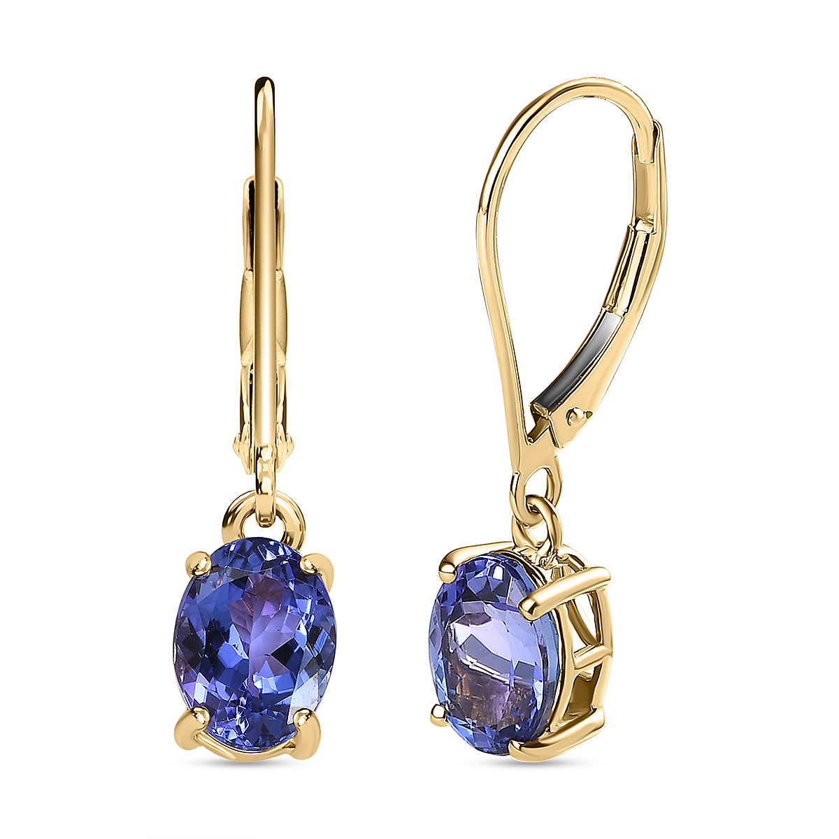 14K Yellow Gold Tanzanite Solitaire Lever Back Drop Earrings 2.71 Ct