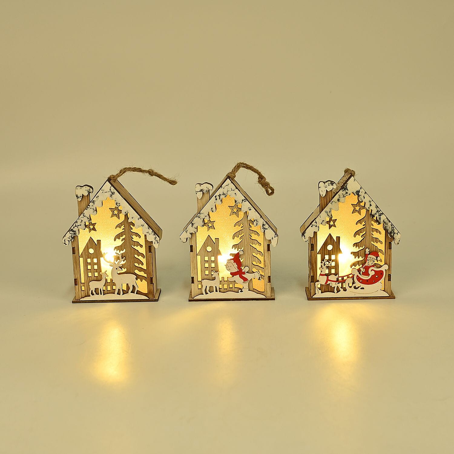 Set of 3 Hanging Christmas Wooden House with LED Warm Lights (Size 12x9x3 cm) - Multi