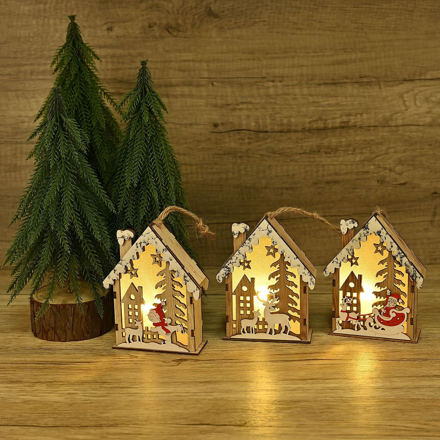 Set of 3 Hanging Christmas Wooden House with LED Warm Lights (Size 12x9x3 cm) - Multi