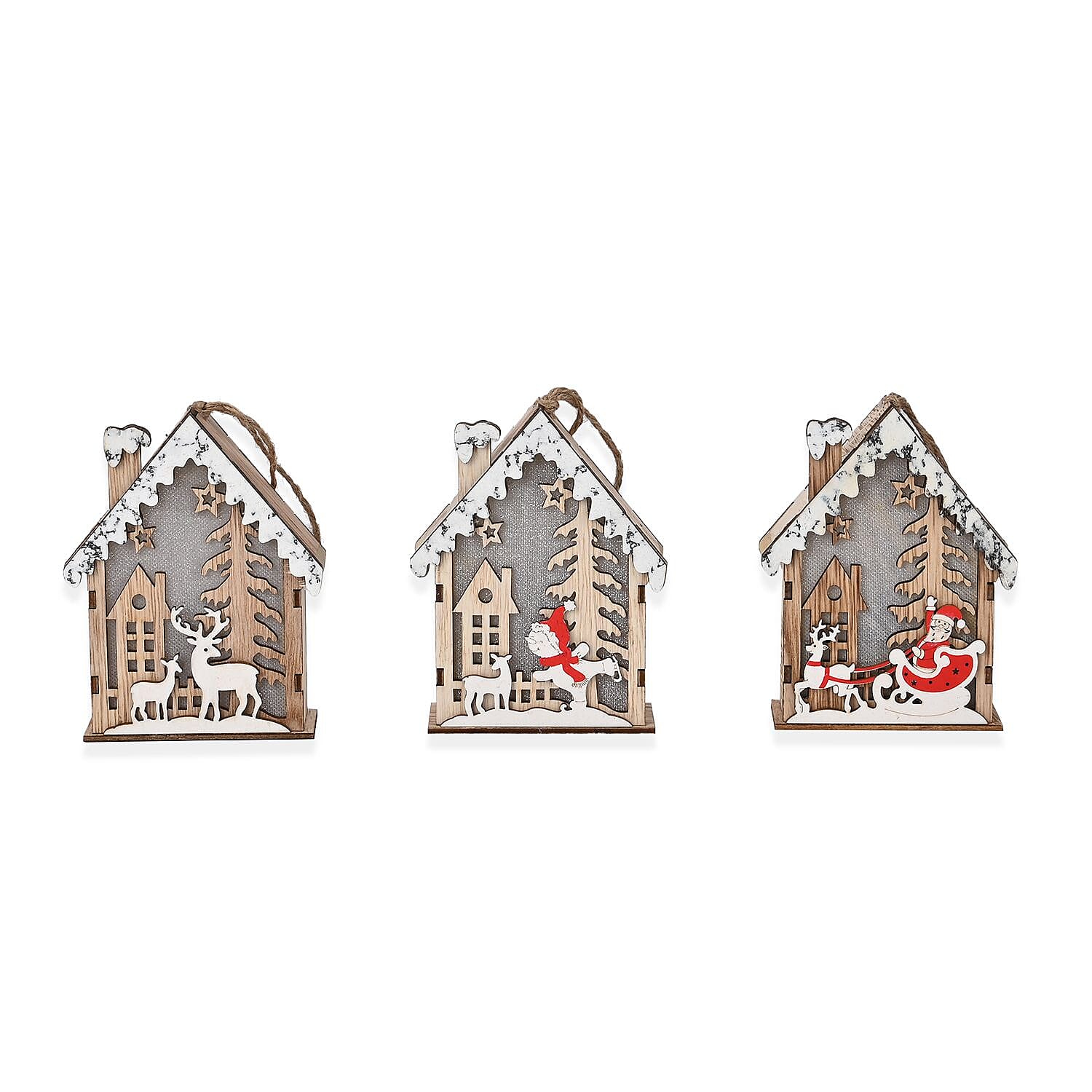 Set of 3 Hanging Christmas Wooden House with LED Warm Lights (Size 12x9x3 cm) - Multi