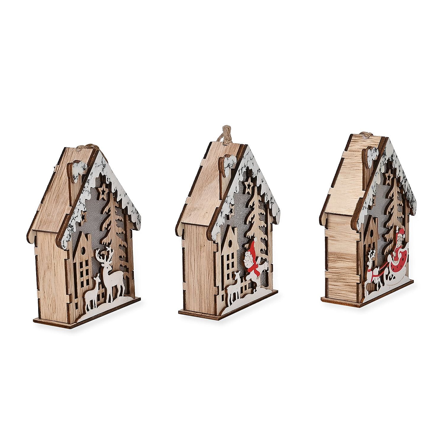 Set of 3 Hanging Christmas Wooden House with LED Warm Lights (Size 12x9x3 cm) - Multi