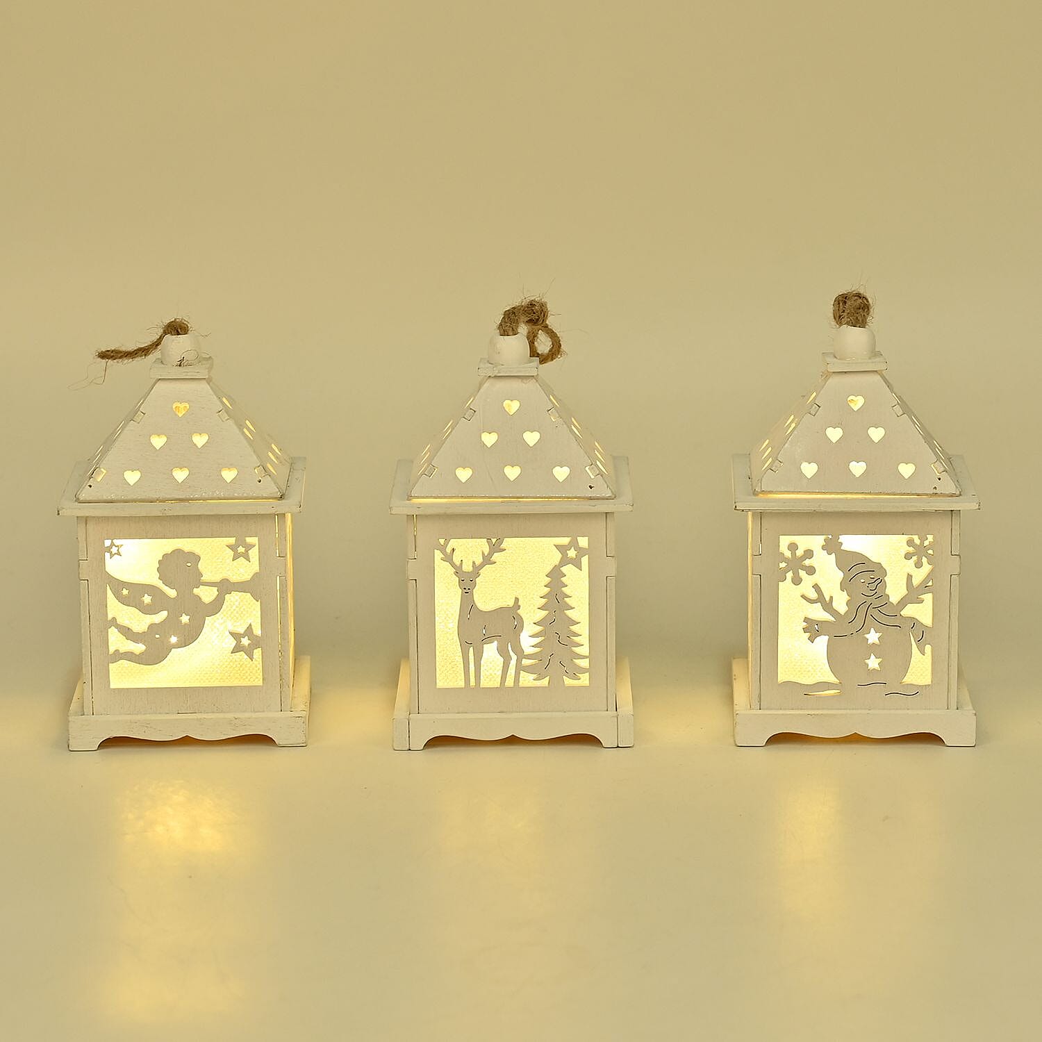 Set of 3 Hanging Christmas Wooden House with LED Warm Lights (Size 12x7x7 cm) - White