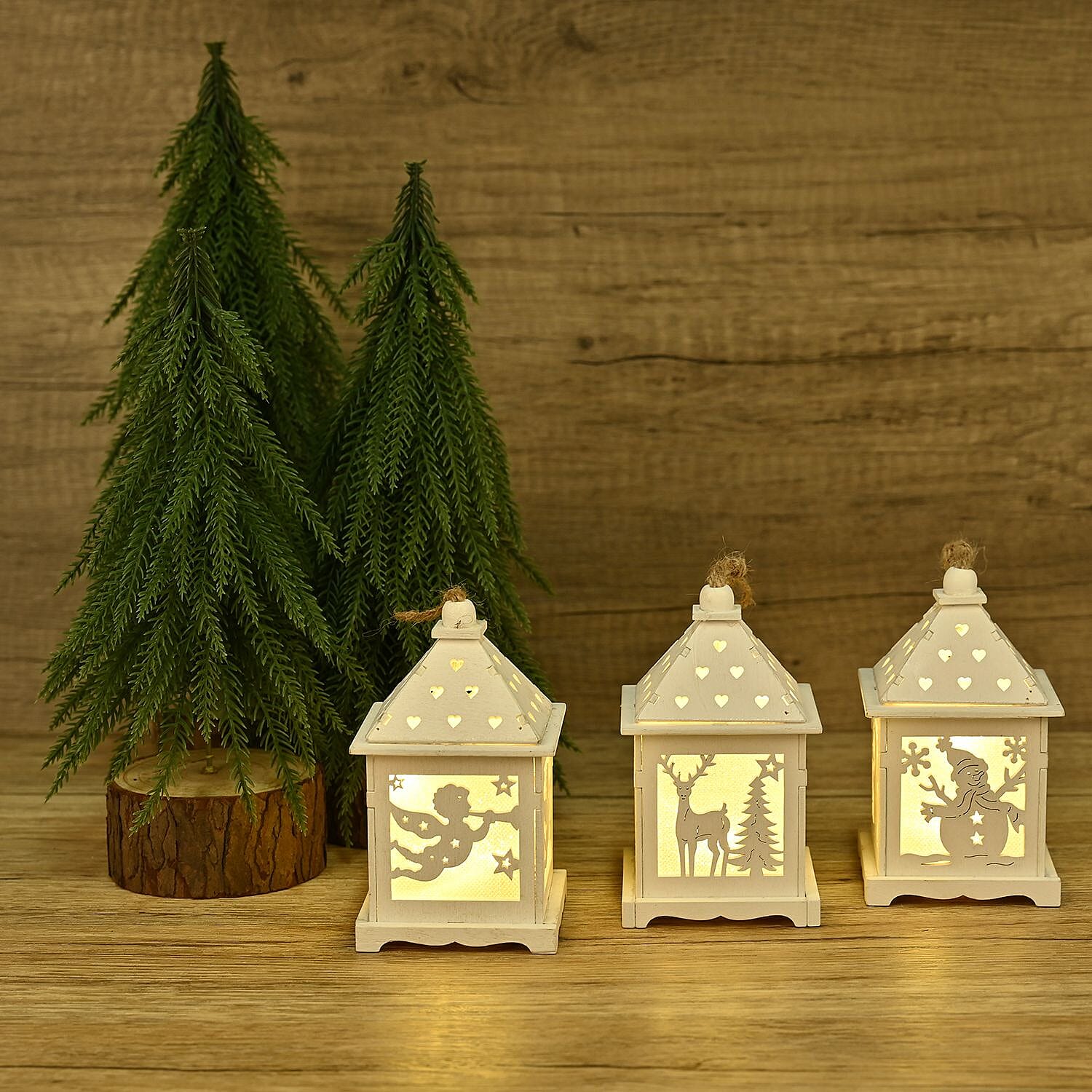 Set of 3 Hanging Christmas Wooden House with LED Warm Lights (Size 12x7x7 cm) - White