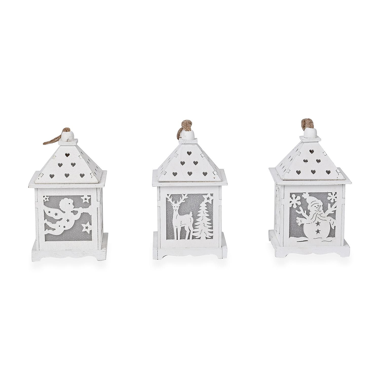 Set of 3 Hanging Christmas Wooden House with LED Warm Lights (Size 12x7x7 cm) - White