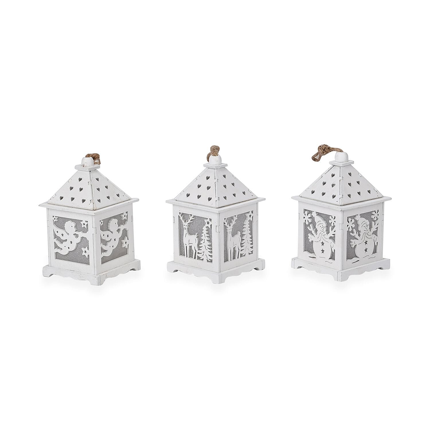 Set of 3 Hanging Christmas Wooden House with LED Warm Lights (Size 12x7x7 cm) - White