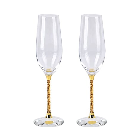 2 Elegant Golden Crystals Champagne Glasses