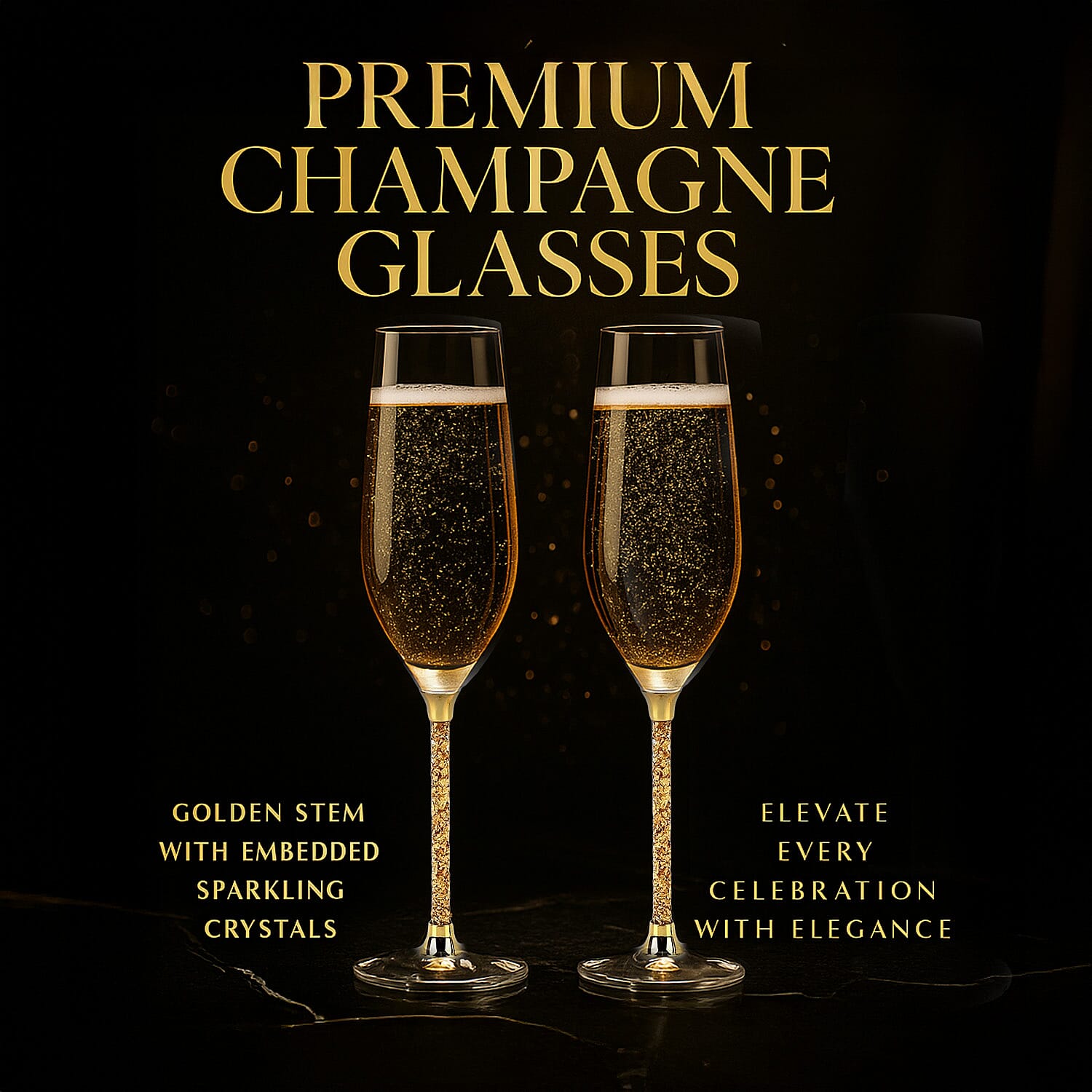 2 Elegant Golden Crystals Champagne Glasses