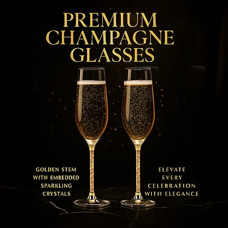 2 Elegant Golden Crystals Champagne Glasses