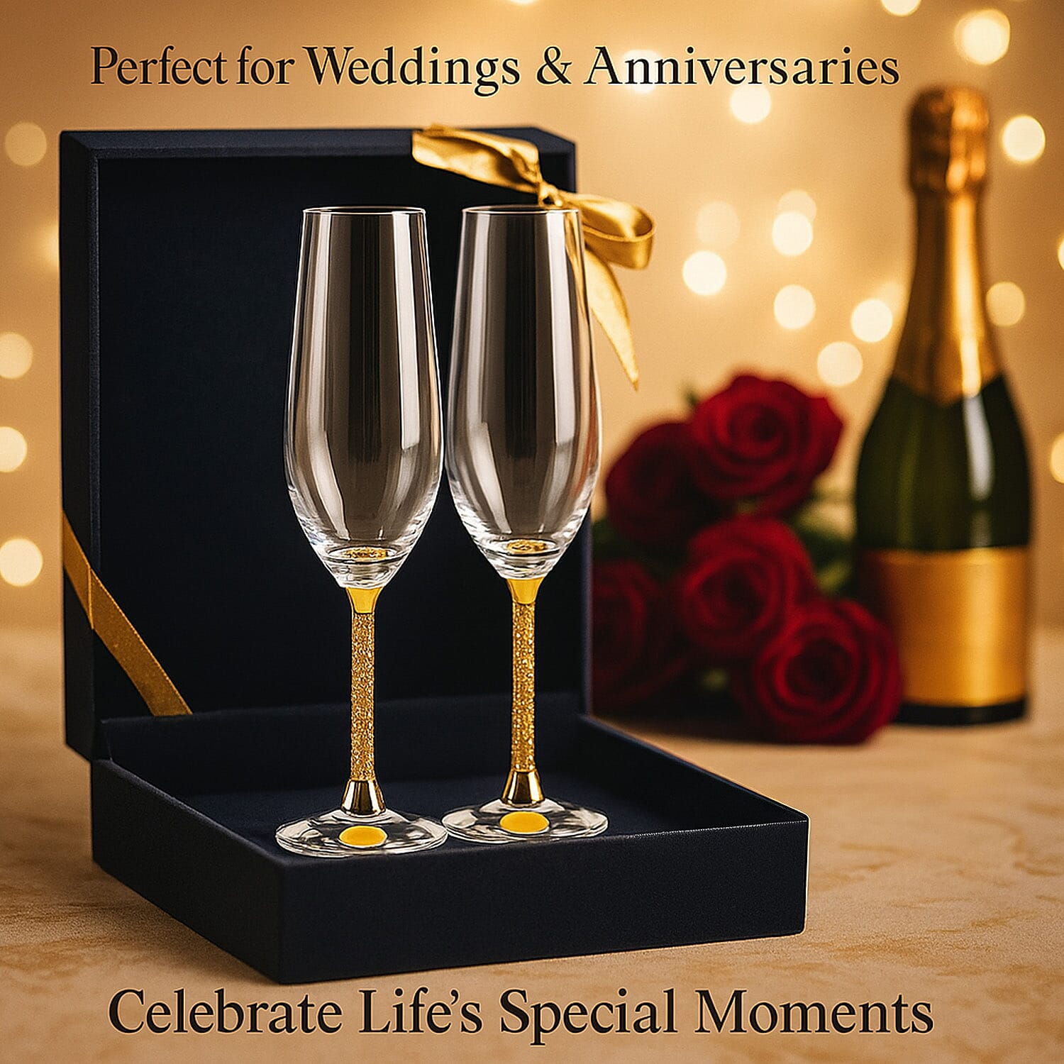 2 Elegant Golden Crystals Champagne Glasses