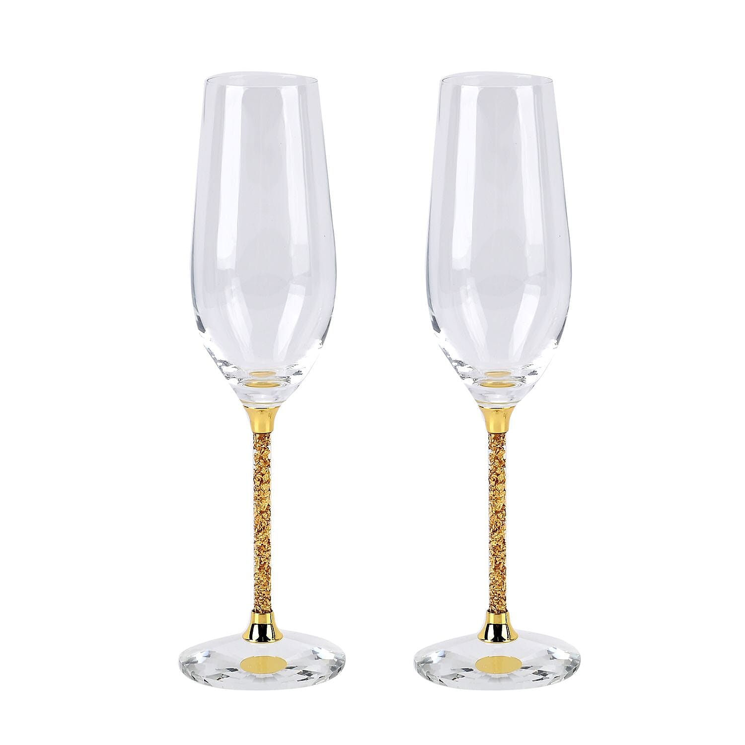 CloseOut Deal- 2 Elegant Golden Crystals Champagne Glasses (Size 24x4x7 cm)