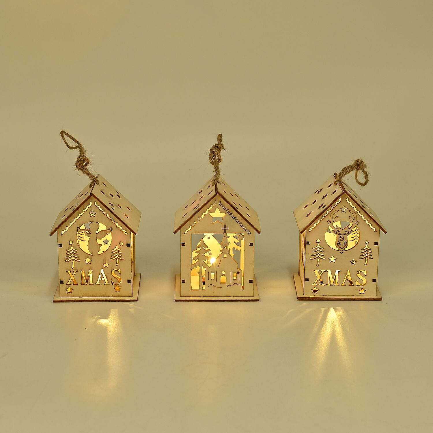 Set of 3 Hanging Christmas Wooden House with LED Warm Lights (Size 9x7x7 cm) - Log