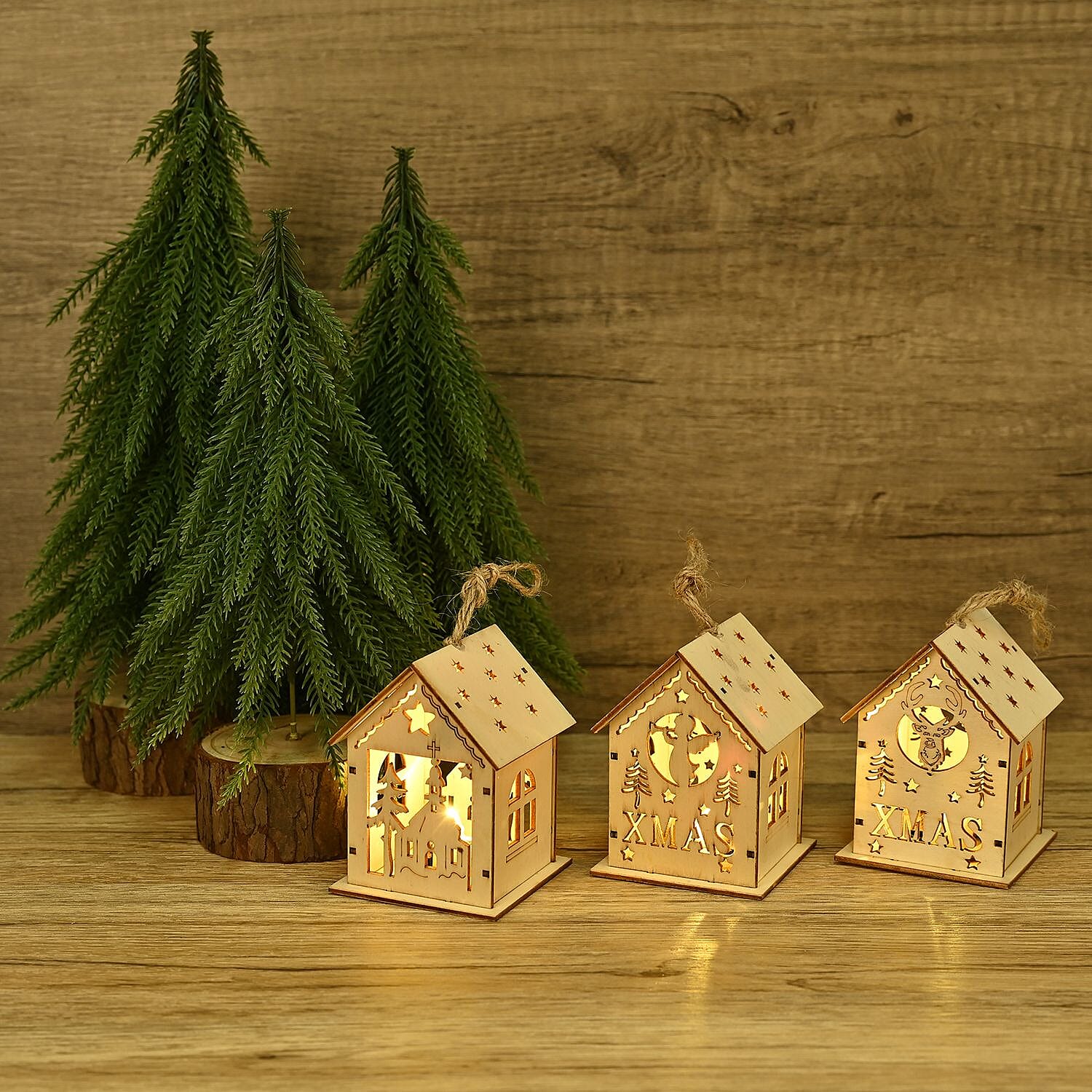 Set of 3 Hanging Christmas Wooden House with LED Warm Lights (Size 9x7x7 cm) - Log