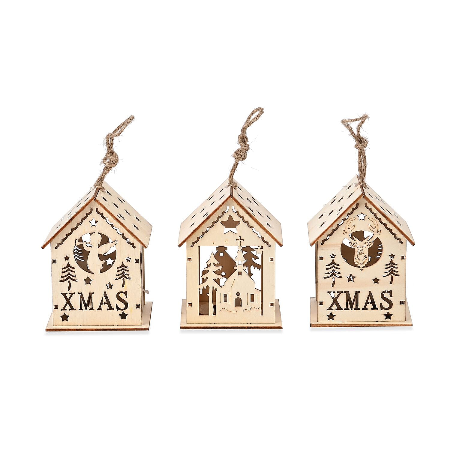 Set of 3 Hanging Christmas Wooden House with LED Warm Lights (Size 9x7x7 cm) - Log