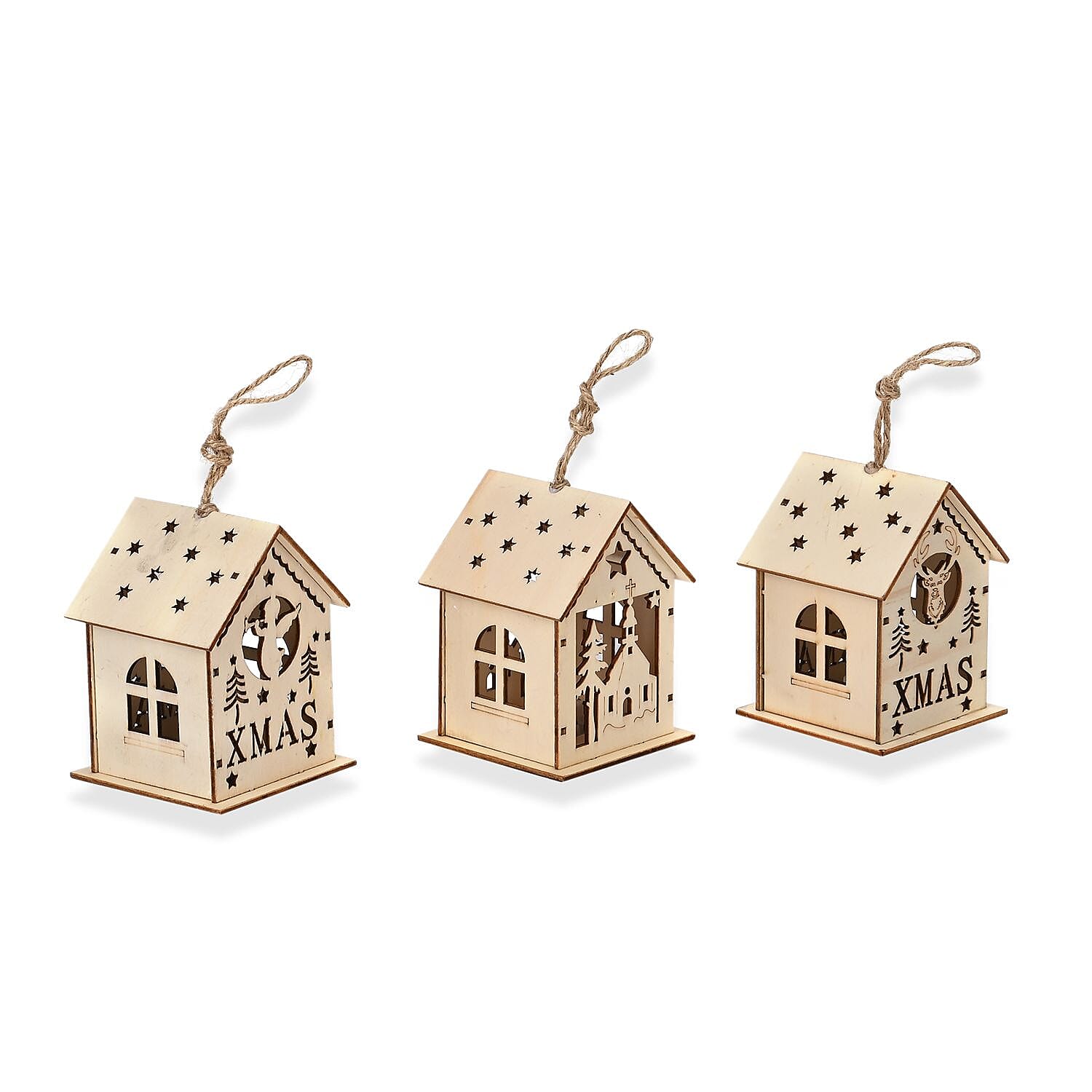 Set of 3 Hanging Christmas Wooden House with LED Warm Lights (Size 9x7x7 cm) - Log