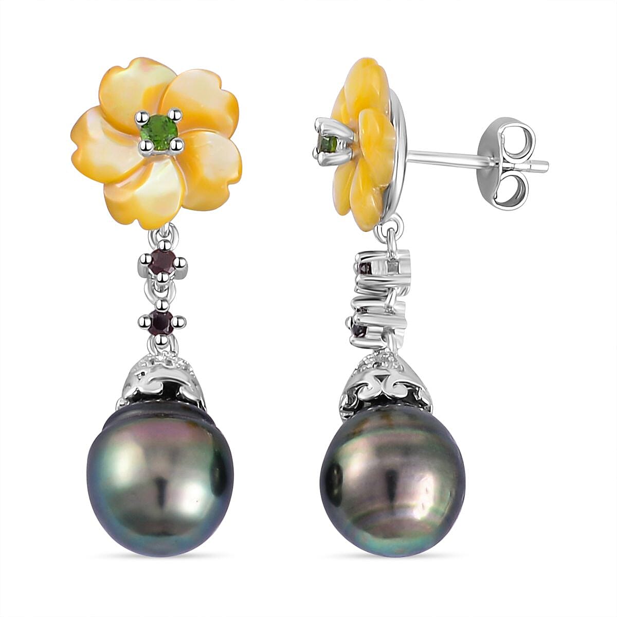 Tahitian Pearl Chrome Diopside & Multi Gemstone Floral Dangle Earrings in Rhodium Overlay Sterling Silver 20.73 Ct.