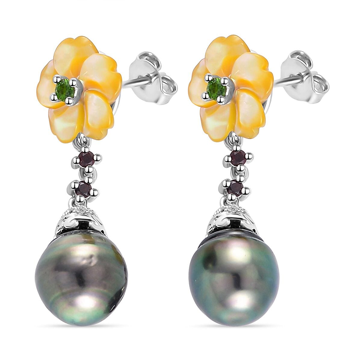 Tahitian Pearl Chrome Diopside & Multi Gemstone Floral Dangle Earrings in Rhodium Overlay Sterling Silver 20.73 Ct.