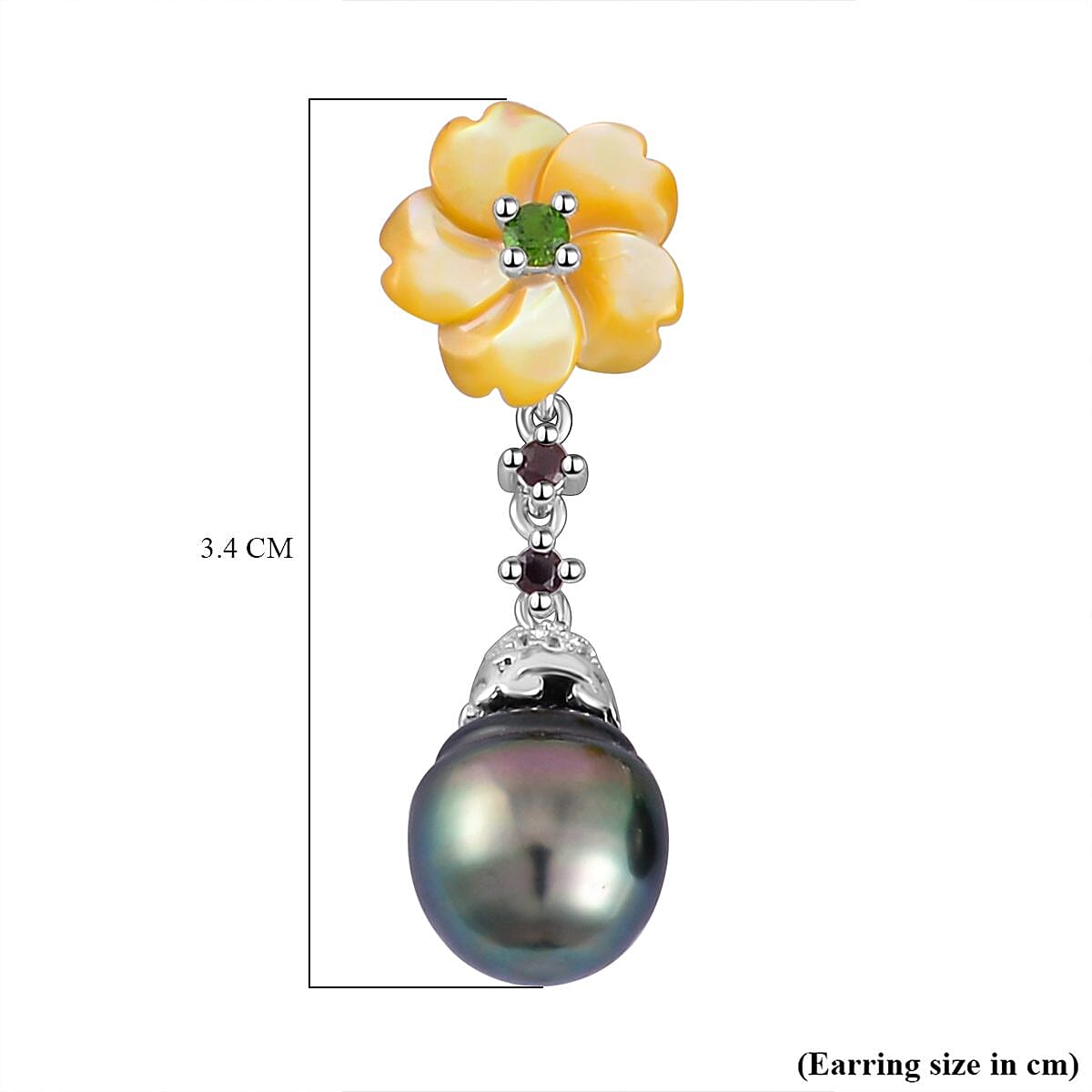 Tahitian Pearl Chrome Diopside & Multi Gemstone Floral Dangle Earrings in Rhodium Overlay Sterling Silver 20.73 Ct.