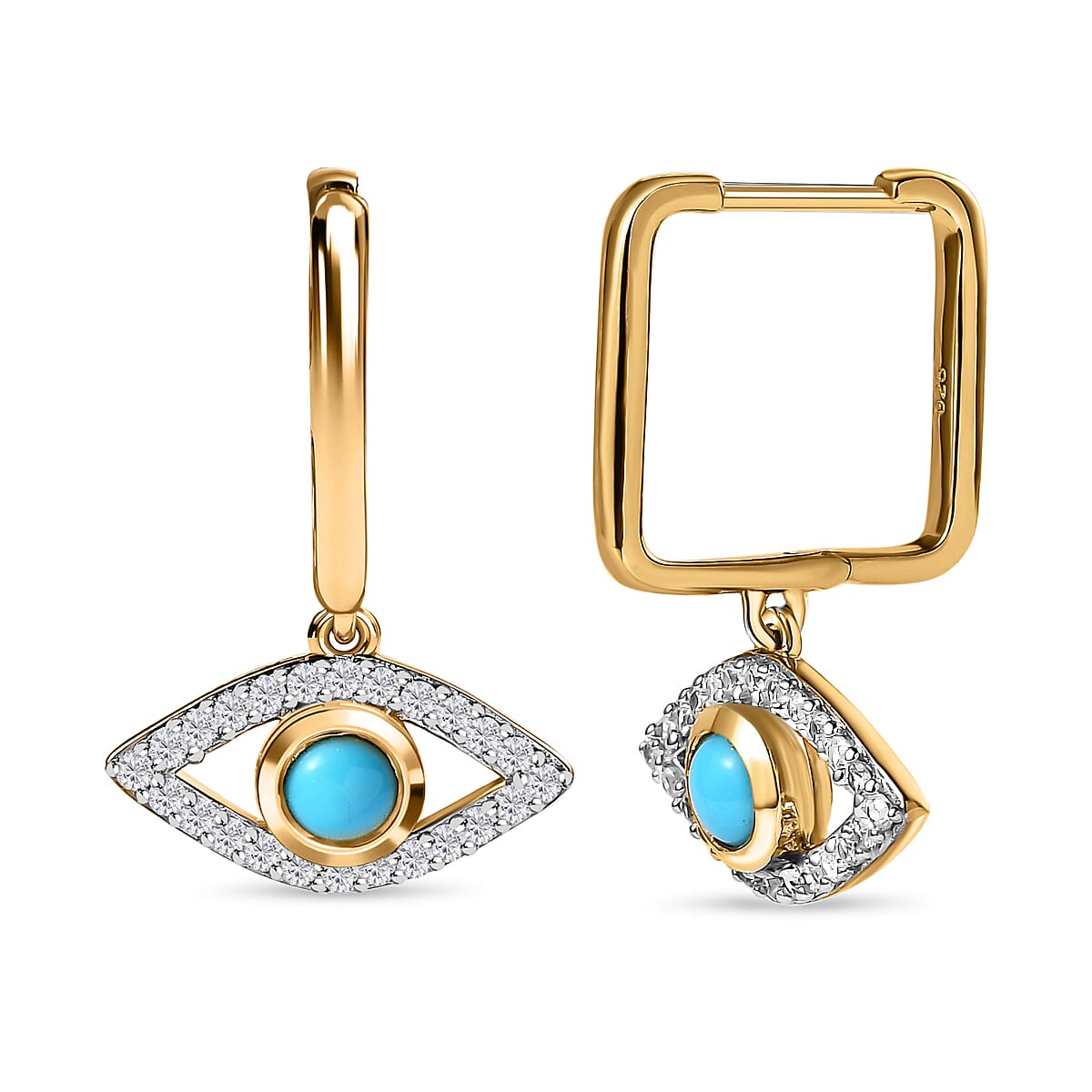 Arizona Sleeping Beauty Turquoise & Natural Zircon Dangle Earrings in 18K Vermeil Yellow Gold Plated Sterling Silver 1.10 Ct