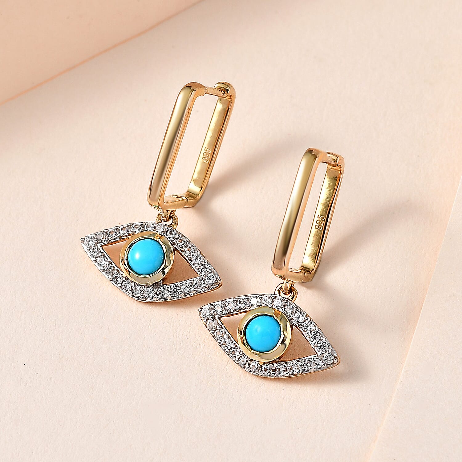 Arizona Sleeping Beauty Turquoise & Natural Zircon Dangle Earrings in 18K Vermeil Yellow Gold Plated Sterling Silver 1.10 Ct