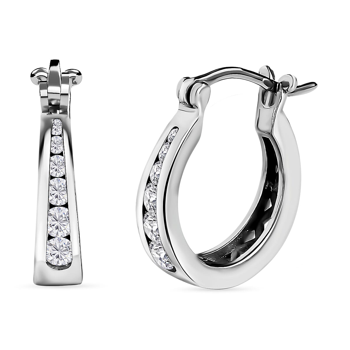 Moissanite Hoop Earrings in Platinum Overlay Sterling Silver, Silver Wt. 5.26 Gms