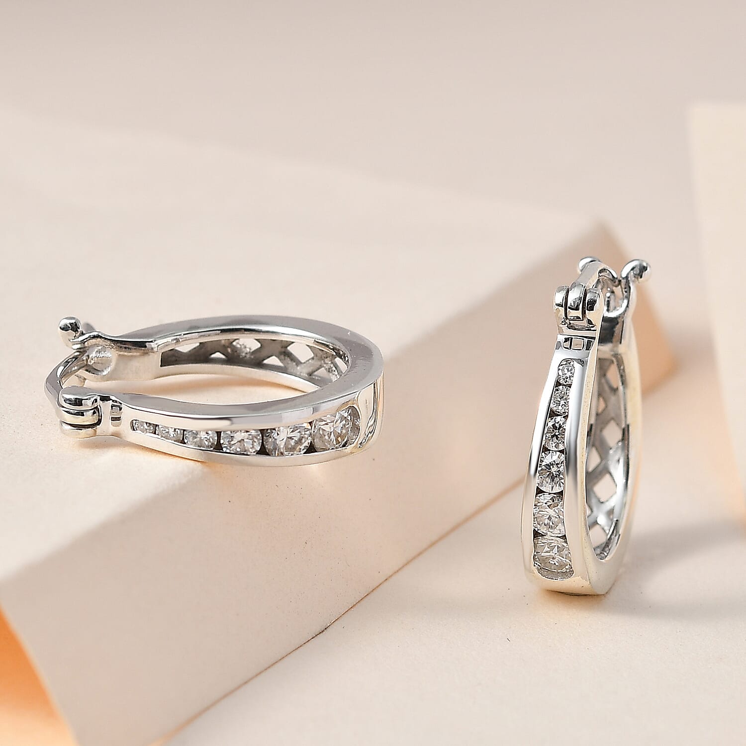 Moissanite Hoop Earrings in Platinum Overlay Sterling Silver, Silver Wt. 5.26 Gms