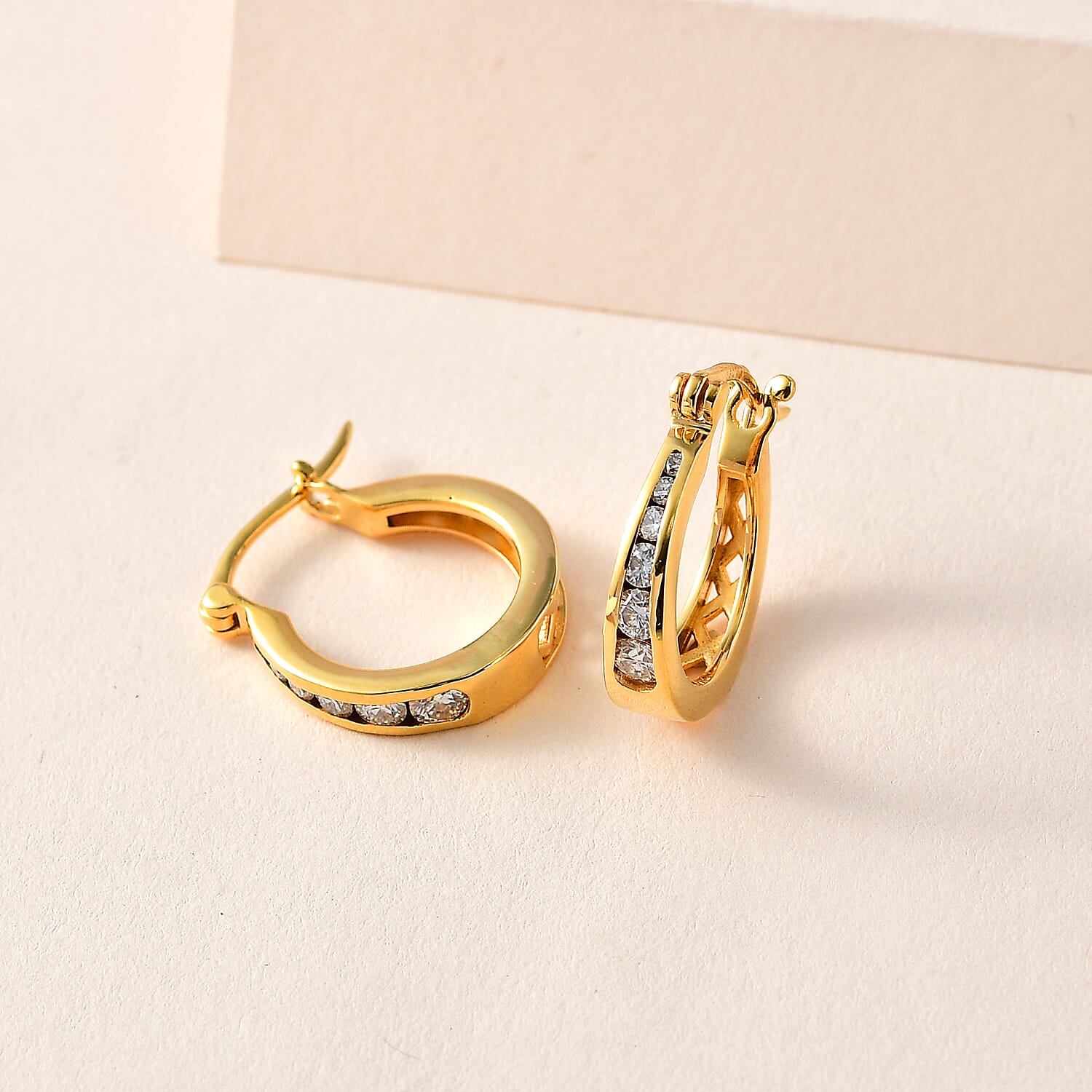 Moissanite Hoop Earrings in 18K Vermeil Yellow Gold Plated Sterling Silver, Silver Wt. 5.26 Gms