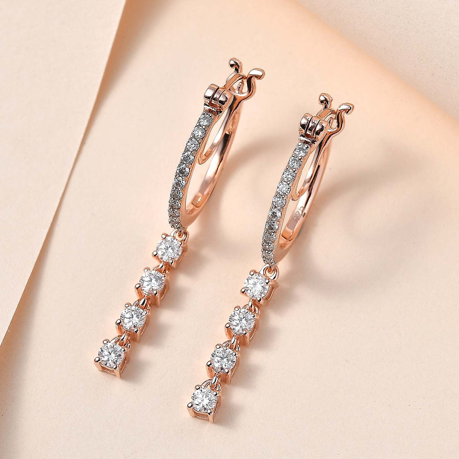 Moissanite Hoop Earrings in 18K Rose Gold Vermeil Plated Sterling Silver 1.26 Ct, Silver Wt 5.31 GM