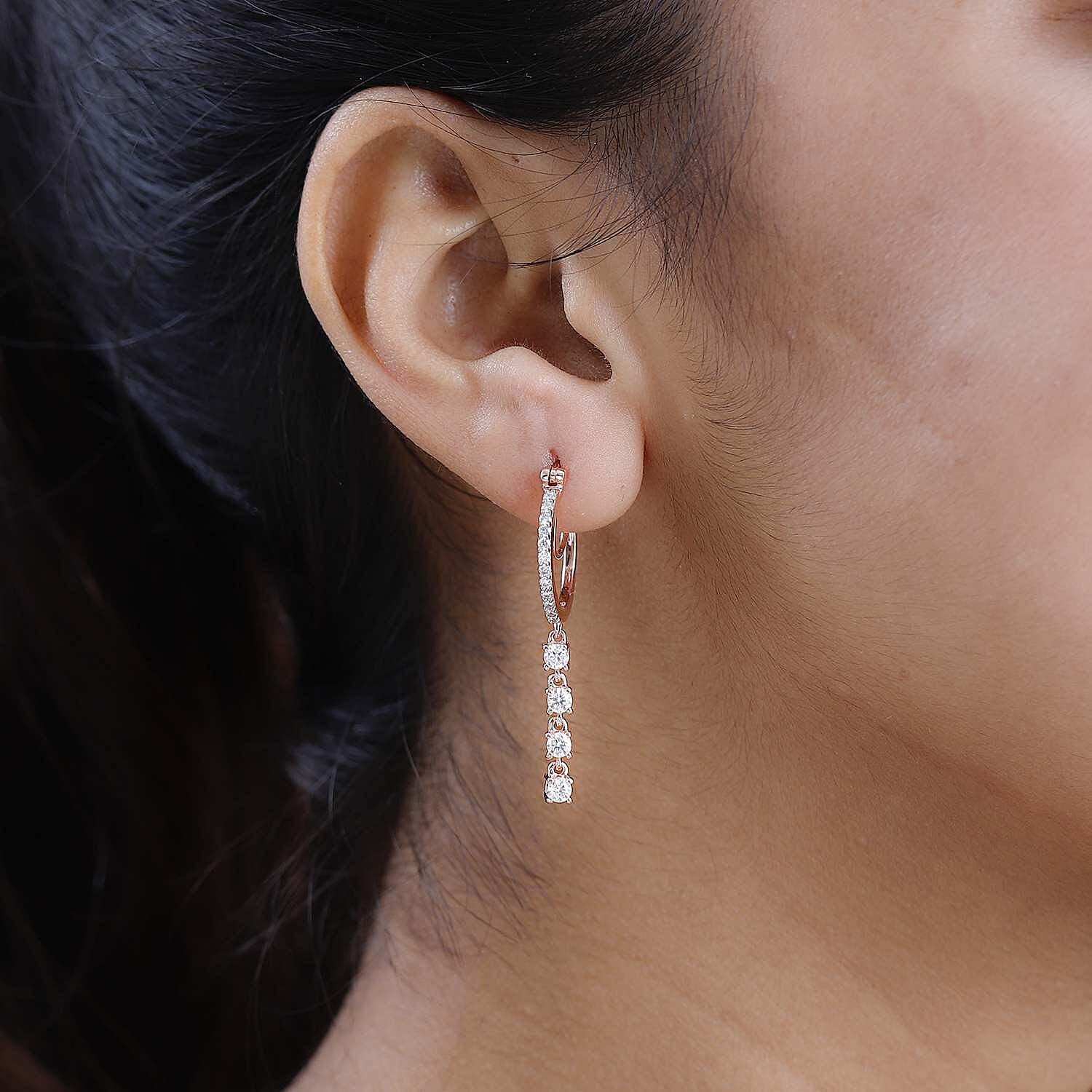 Moissanite Hoop Earrings in 18K Rose Gold Vermeil Plated Sterling Silver 1.26 Ct, Silver Wt 5.31 GM