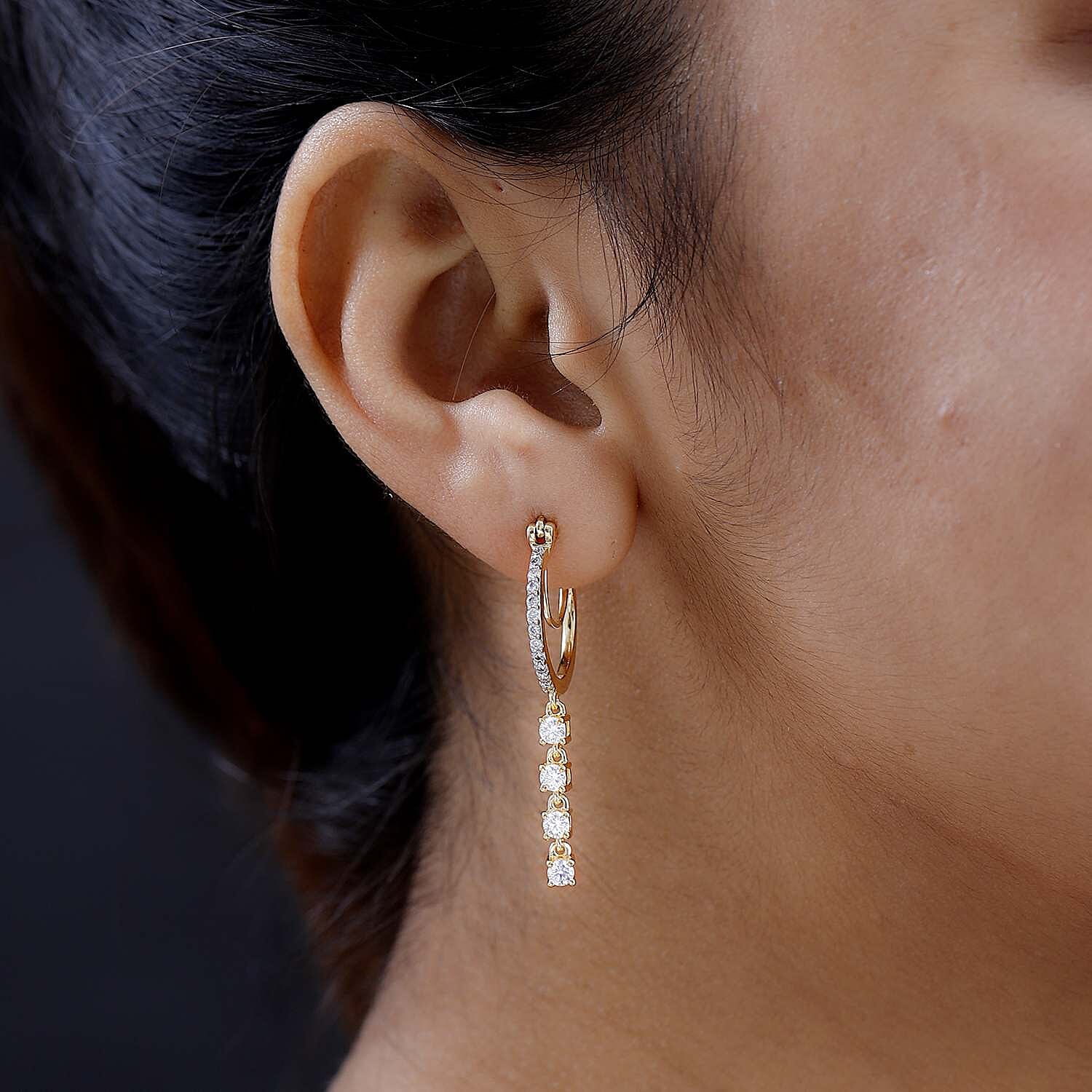 Moissanite Hoop Earrings in 18K Yellow Gold Vermeil Plated Sterling Silver 1.26 Ct, Silver Wt 5.31 GM