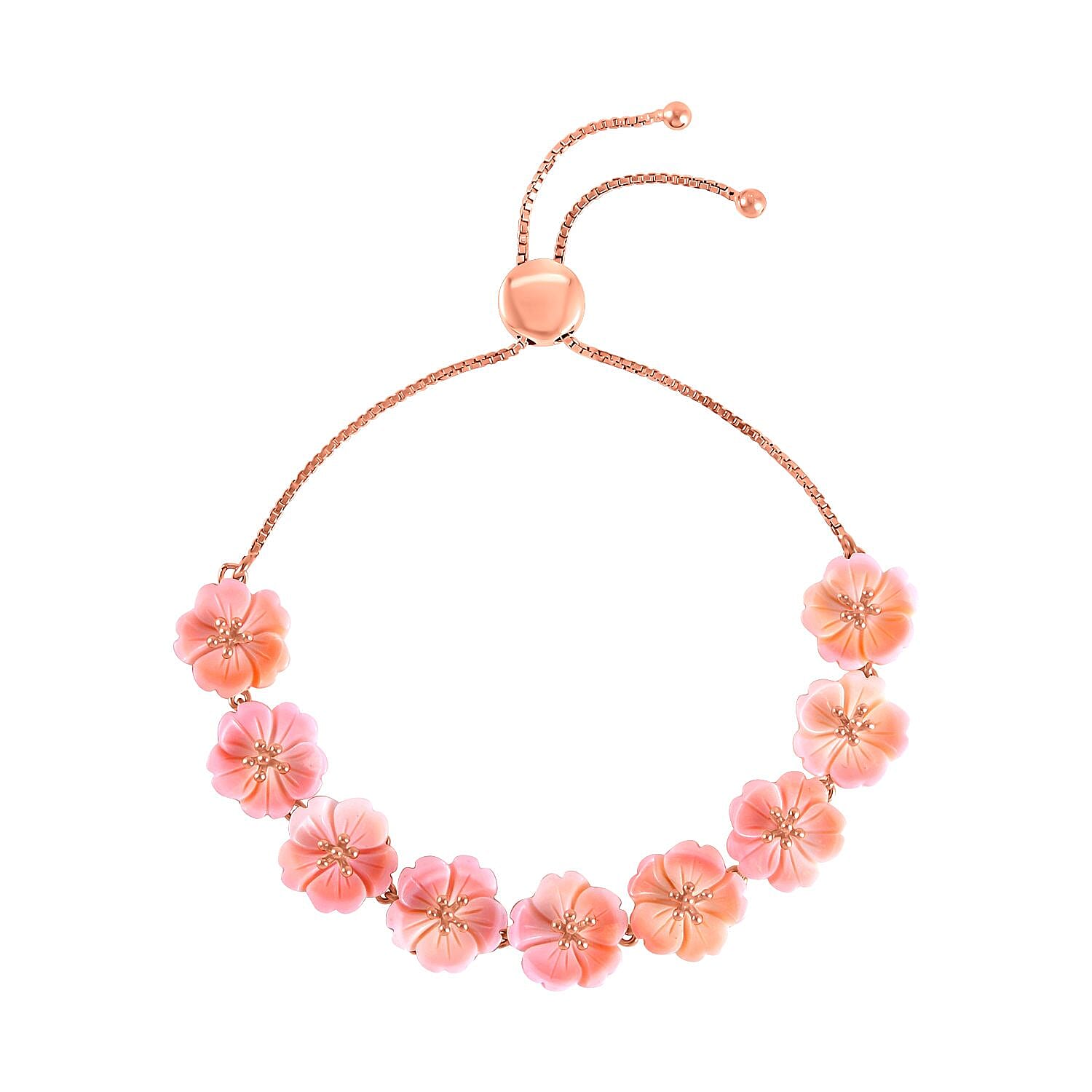 Pink Mother Of Pearl Adjustable Floral Bracelet (Size - 6.5 to 9) in 18K Vermeil Rose Gold Plated Sterling Silver 23.49 Ct, Silver Wt. 8.00 Gms