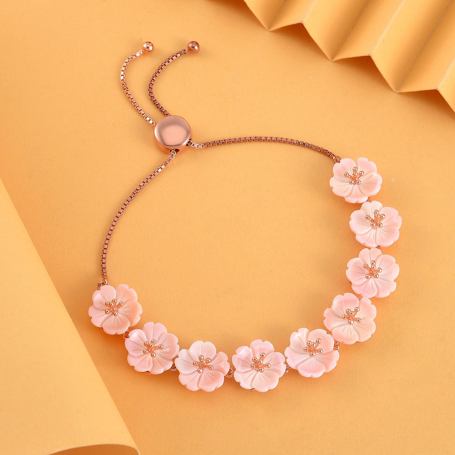 Pink Mother Of Pearl Adjustable Floral Bracelet (Size - 6.5 to 9) in 18K Vermeil Rose Gold Plated Sterling Silver 23.49 Ct, Silver Wt. 8.00 Gms